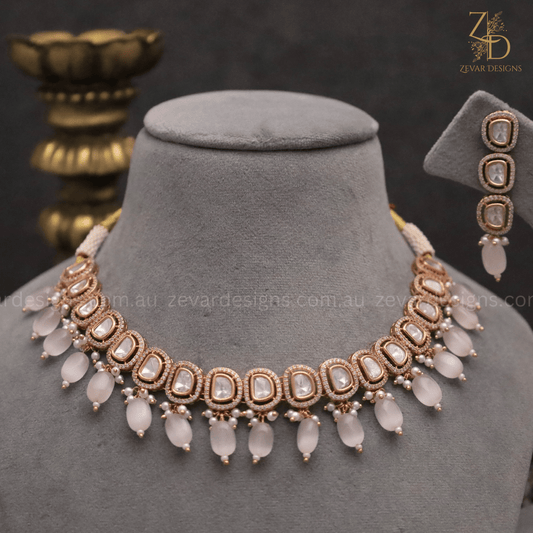 Zevar Designs Necklace Sets Lightweight Sleek Uncut Polki AD Necklace Set - Baby Pink