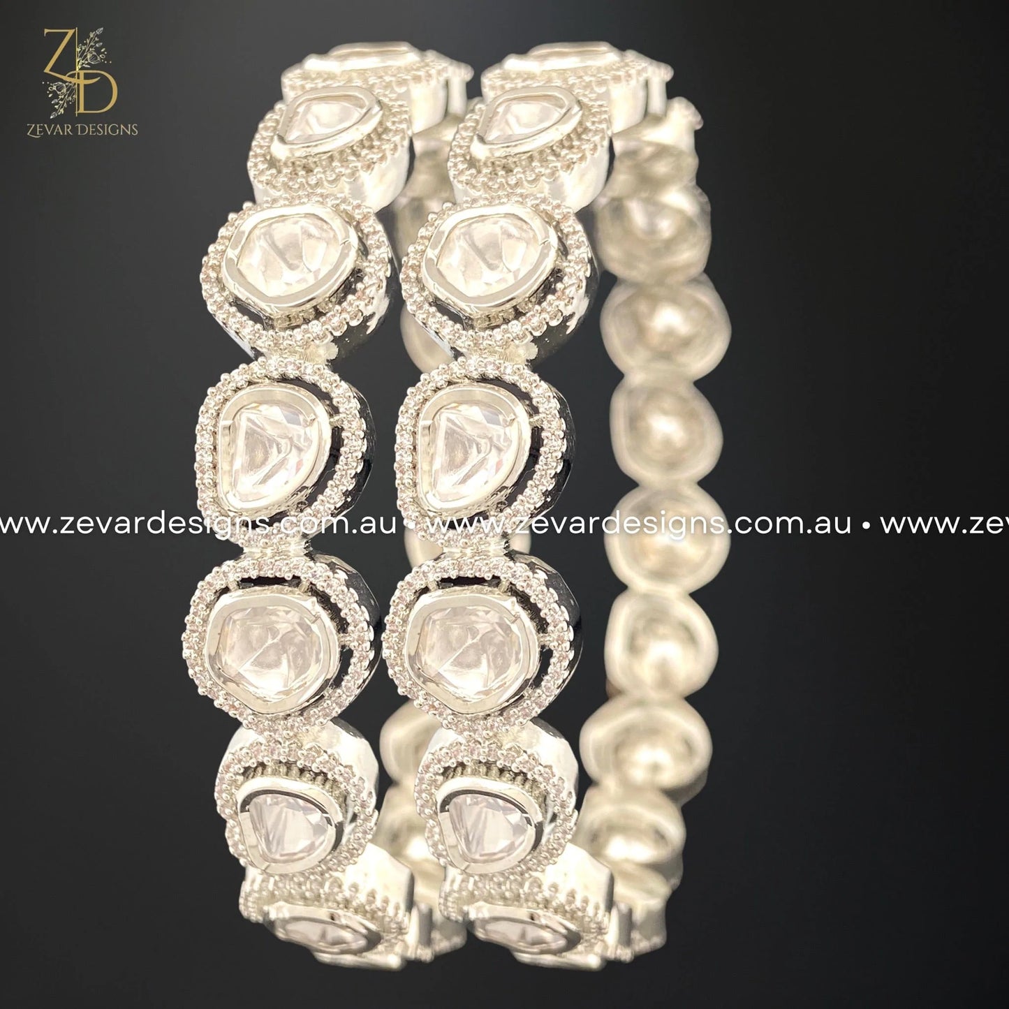 Zevar Designs Kundan Bangles Kundan Uncut Polki AD Bangles - White Rhodium