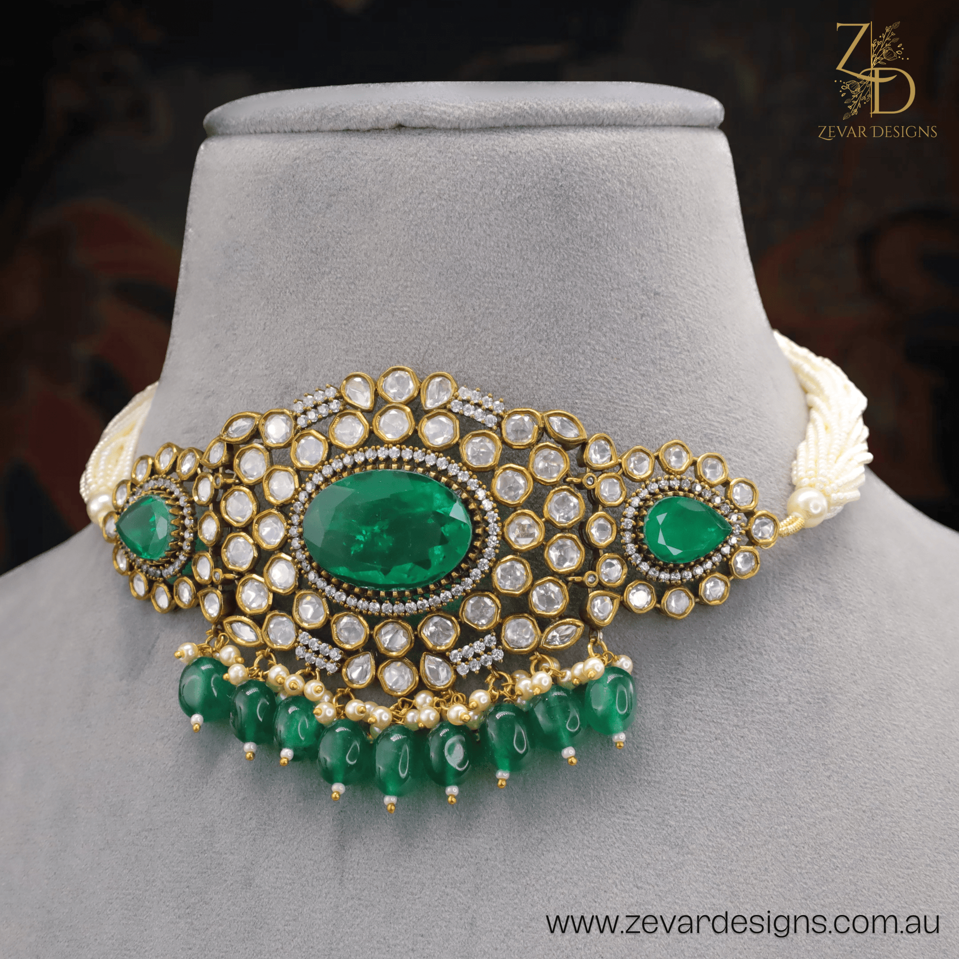 Zevar Designs Necklace Sets Victorian Finish Kundan Choker Set-Emerald Green