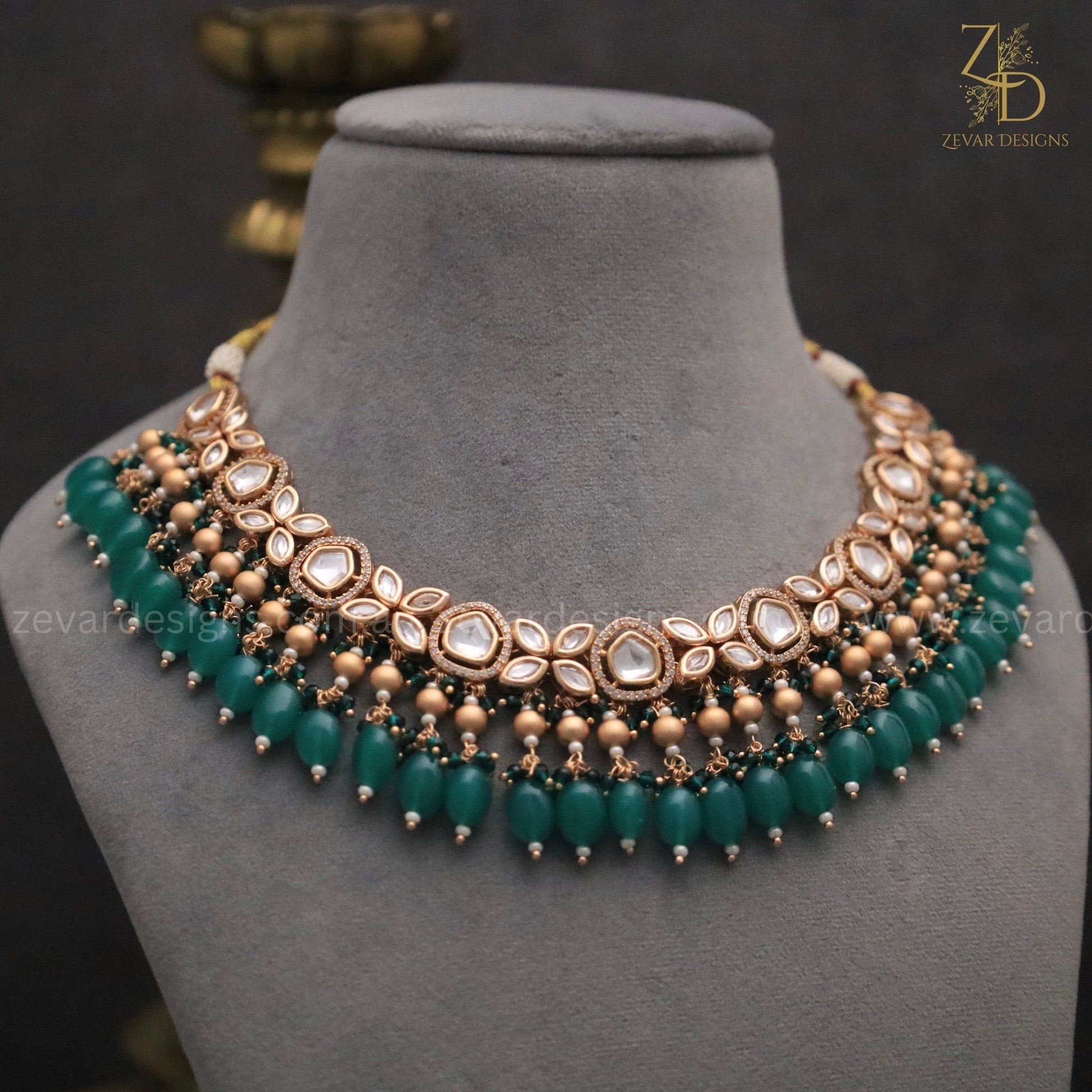 Zevar Designs Necklace Sets 18K Gold Plated Kundan Polki Beaded Necklace Set with Pearls & Emerald green drops