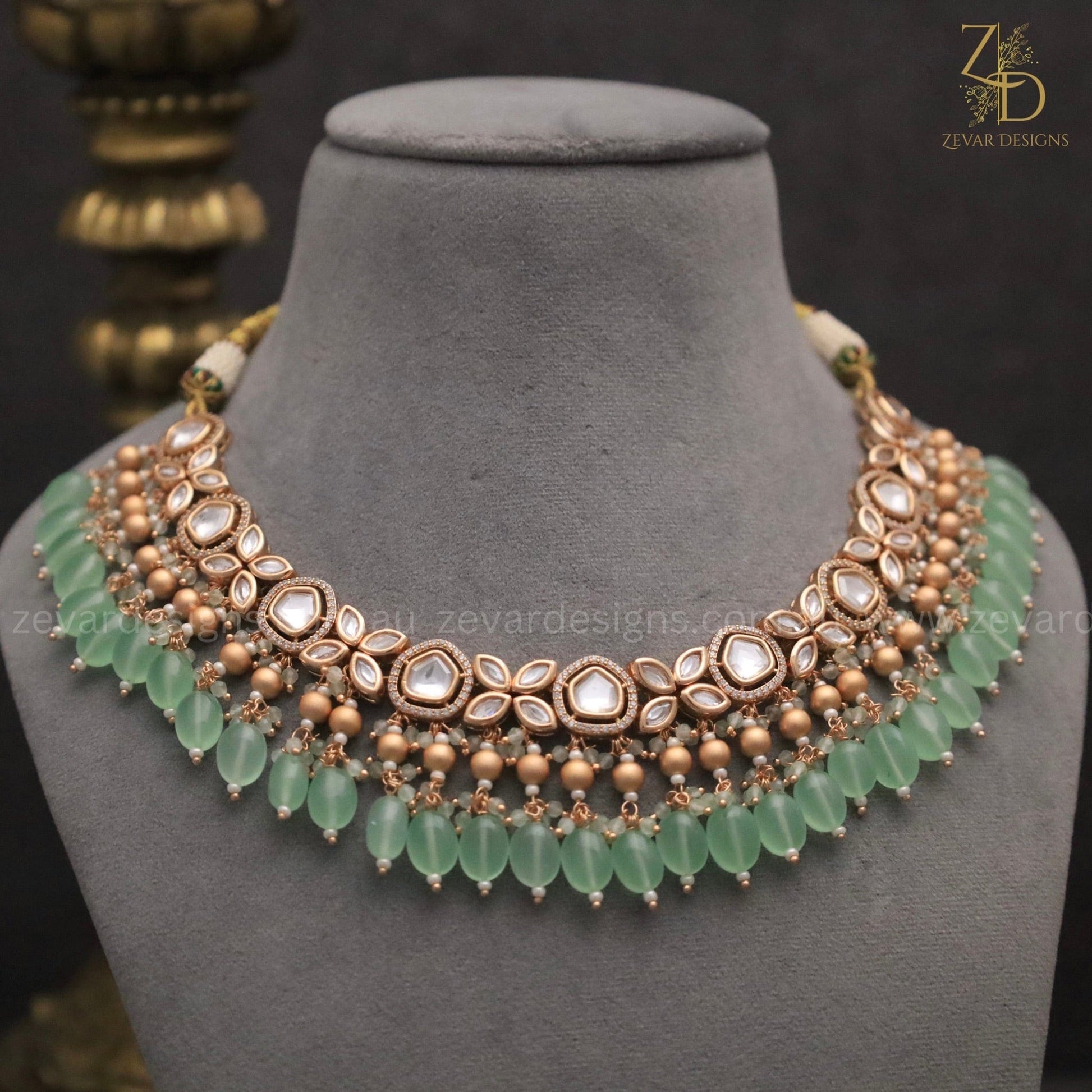 Zevar Designs Necklace Sets 18K Gold Plated Kundan Polki Beaded Necklace Set with Pearls & Mint green drops