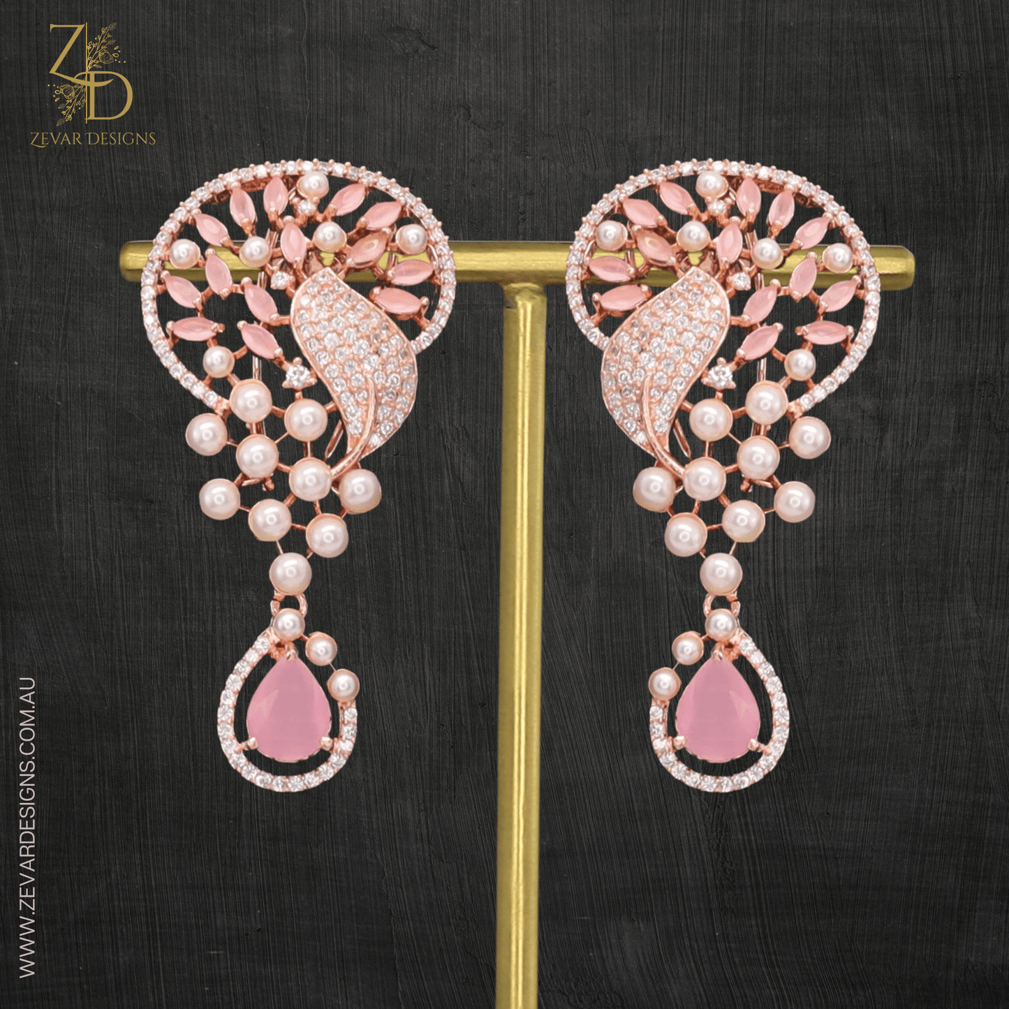 Zevar Designs Indo-Western Earrings AD Earrings - Pink & Pearls