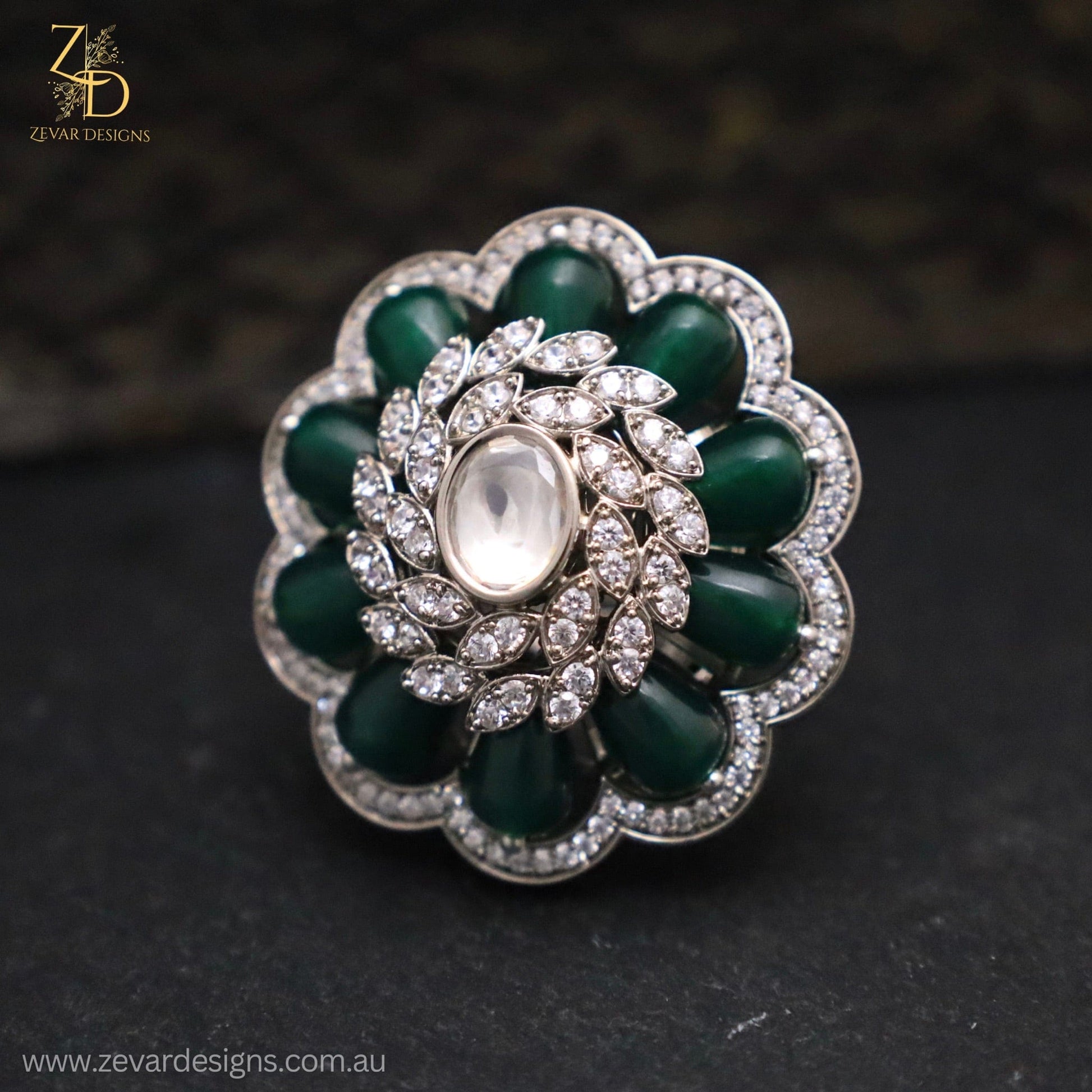 Zevar Designs Rings - AD AD & Uncut Polki Ring - Emerald Green