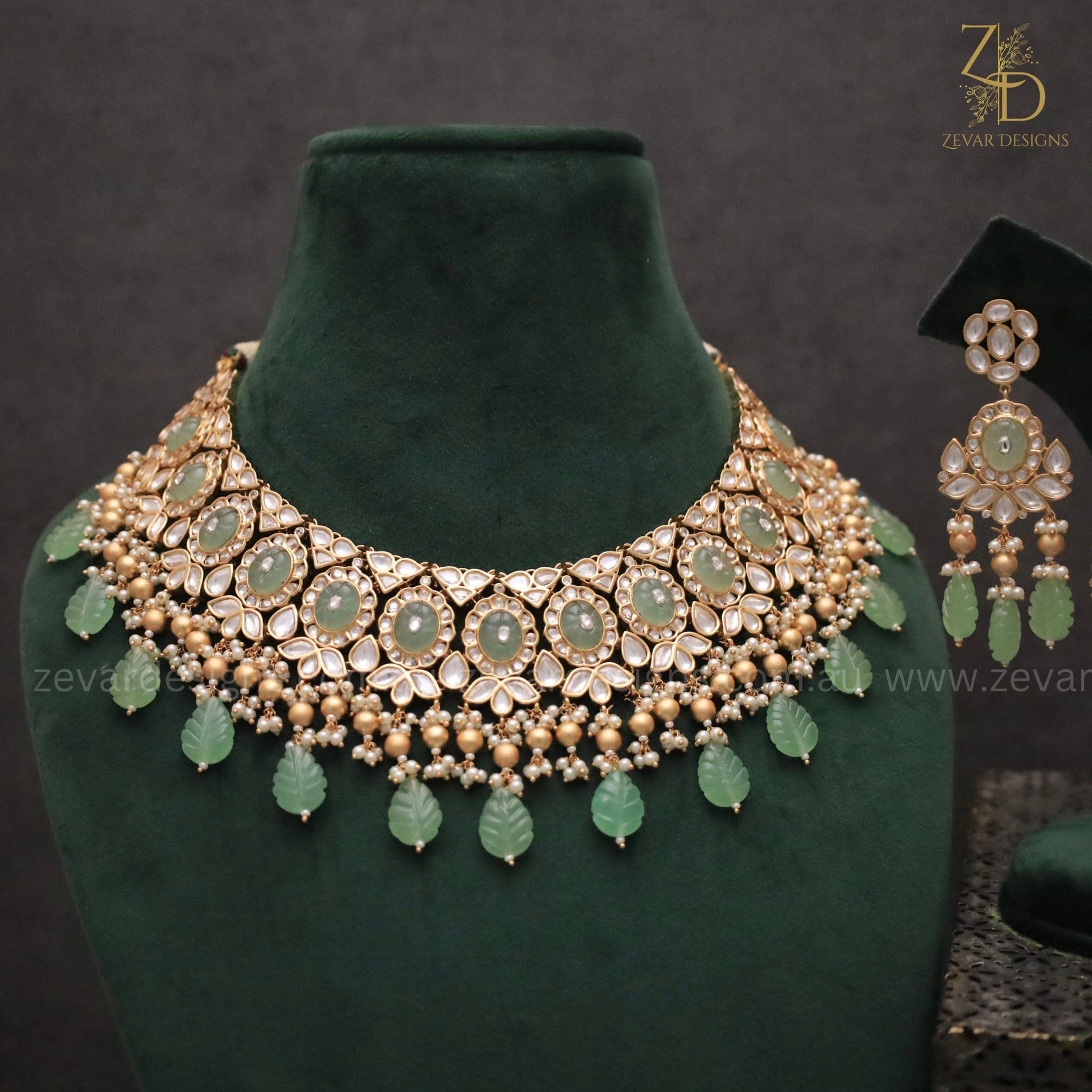 Zevar Designs Designer Necklace Sets Bridal Necklace Set with Mint Green Drops & Golden Beads