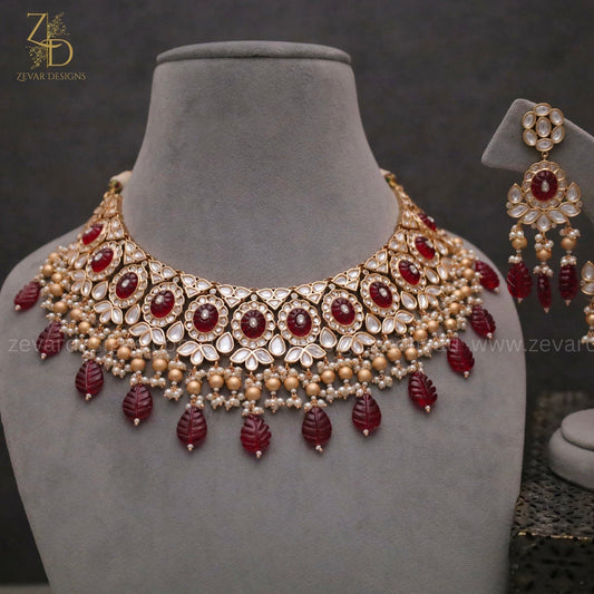 Zevar Designs Designer Necklace Sets Bridal Necklace Set with Ruby Red Drops & Golden Beads