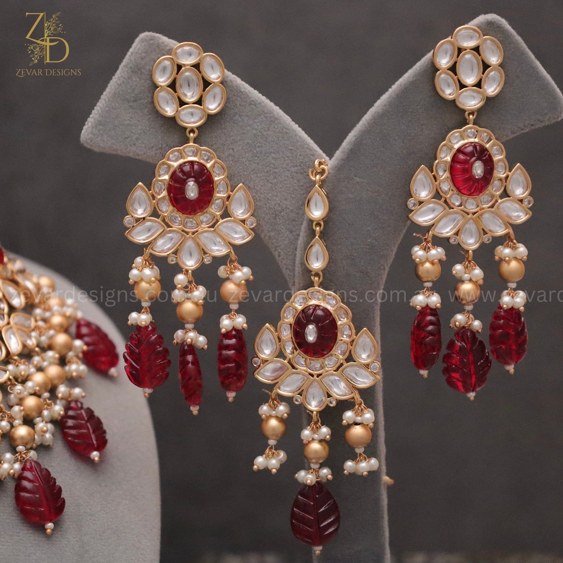 Zevar Designs Designer Necklace Sets Bridal Necklace Set with Ruby Red Drops & Golden Beads