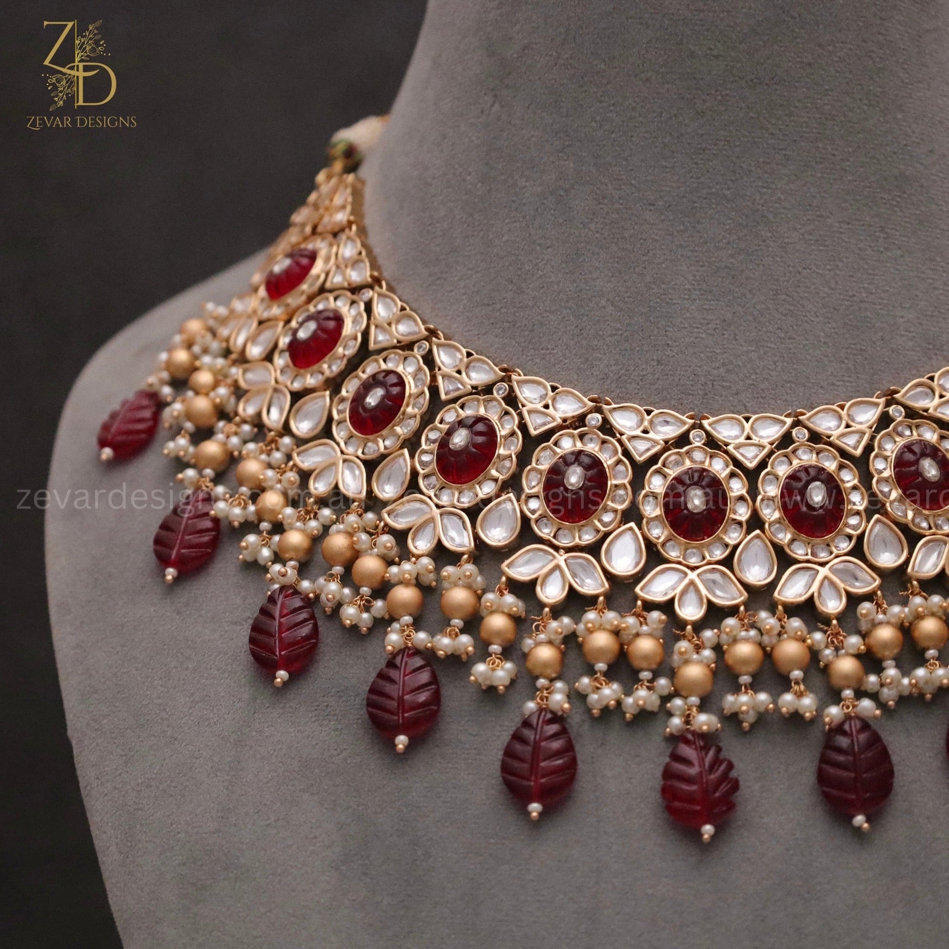 Zevar Designs Designer Necklace Sets Bridal Necklace Set with Ruby Red Drops & Golden Beads