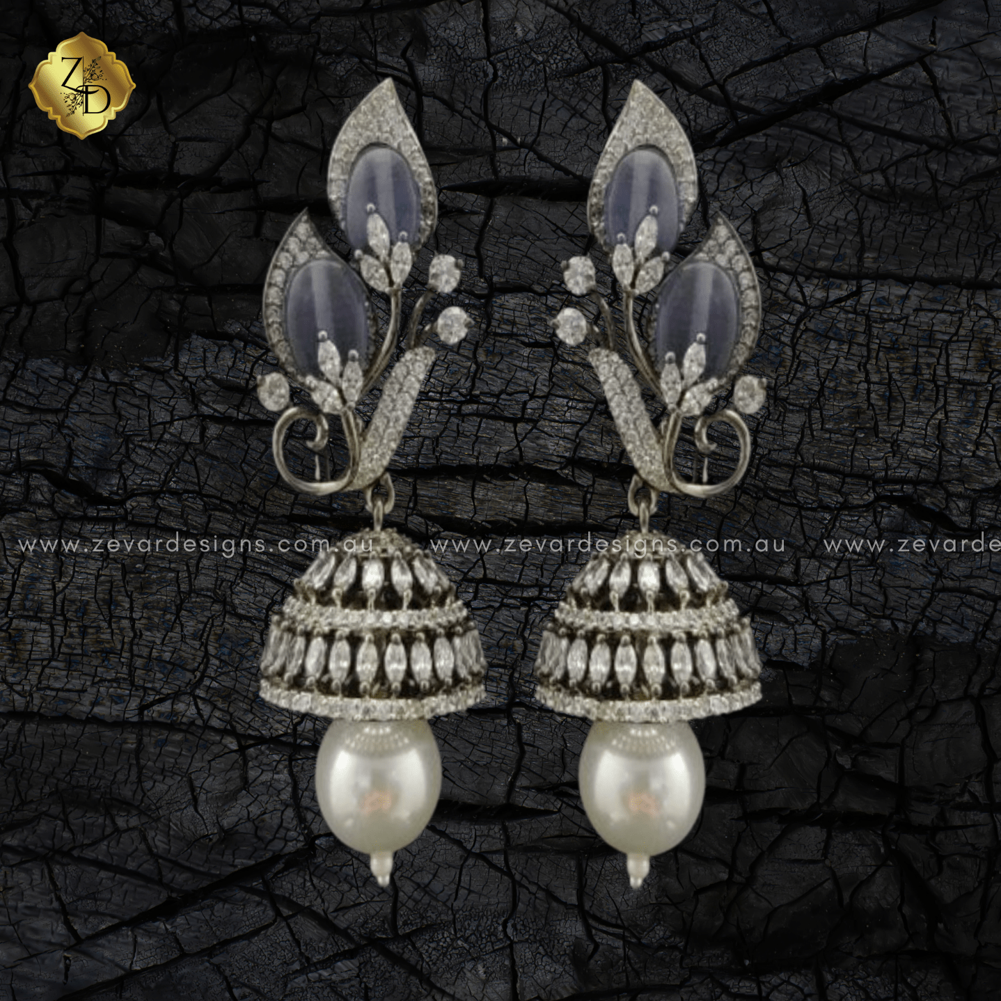 Zevar Designs Indo-Western Earrings Fusion Style AD Jhumki -Pastel Grey