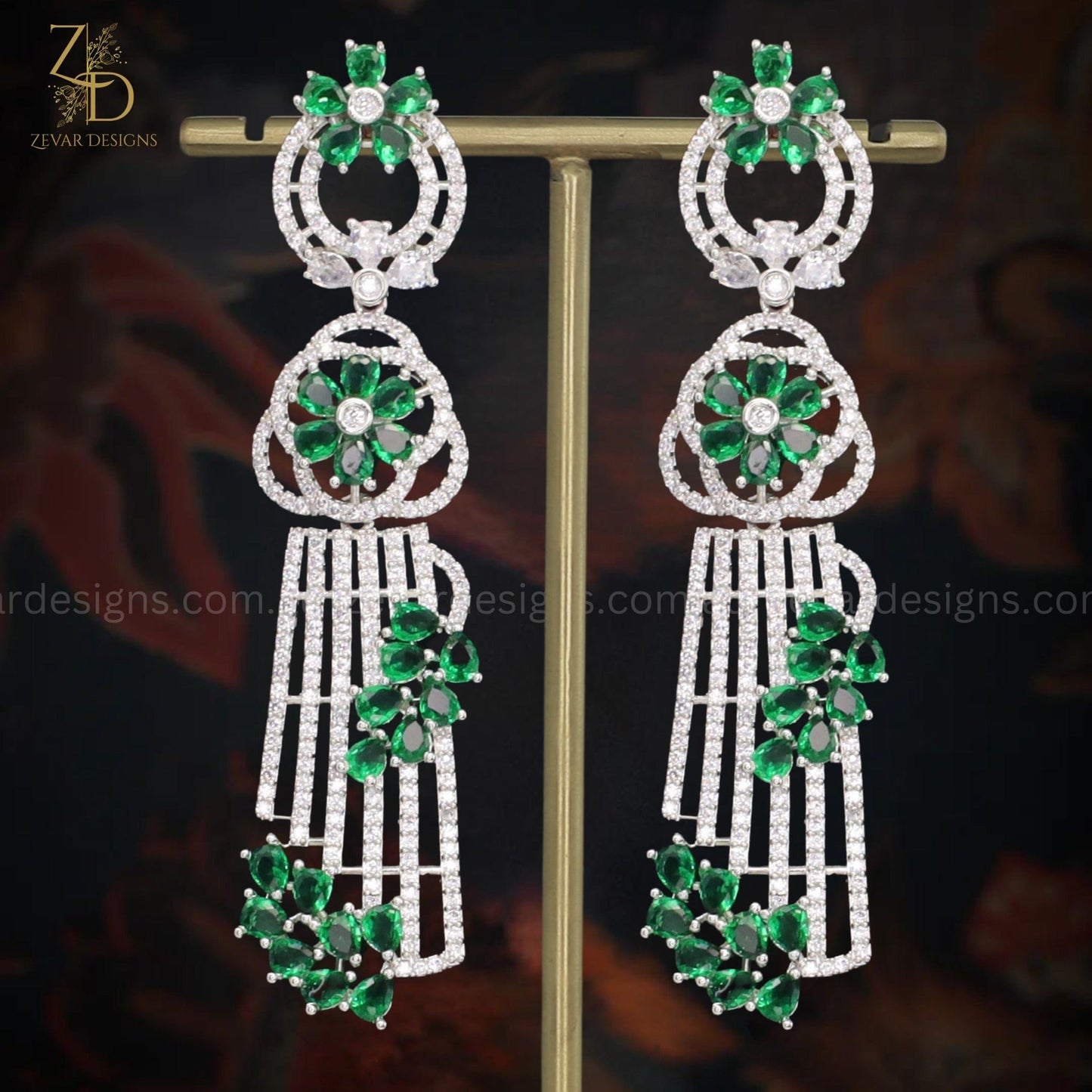 Zevar Designs Indo-Western Earrings Green American Diamonds Earrings