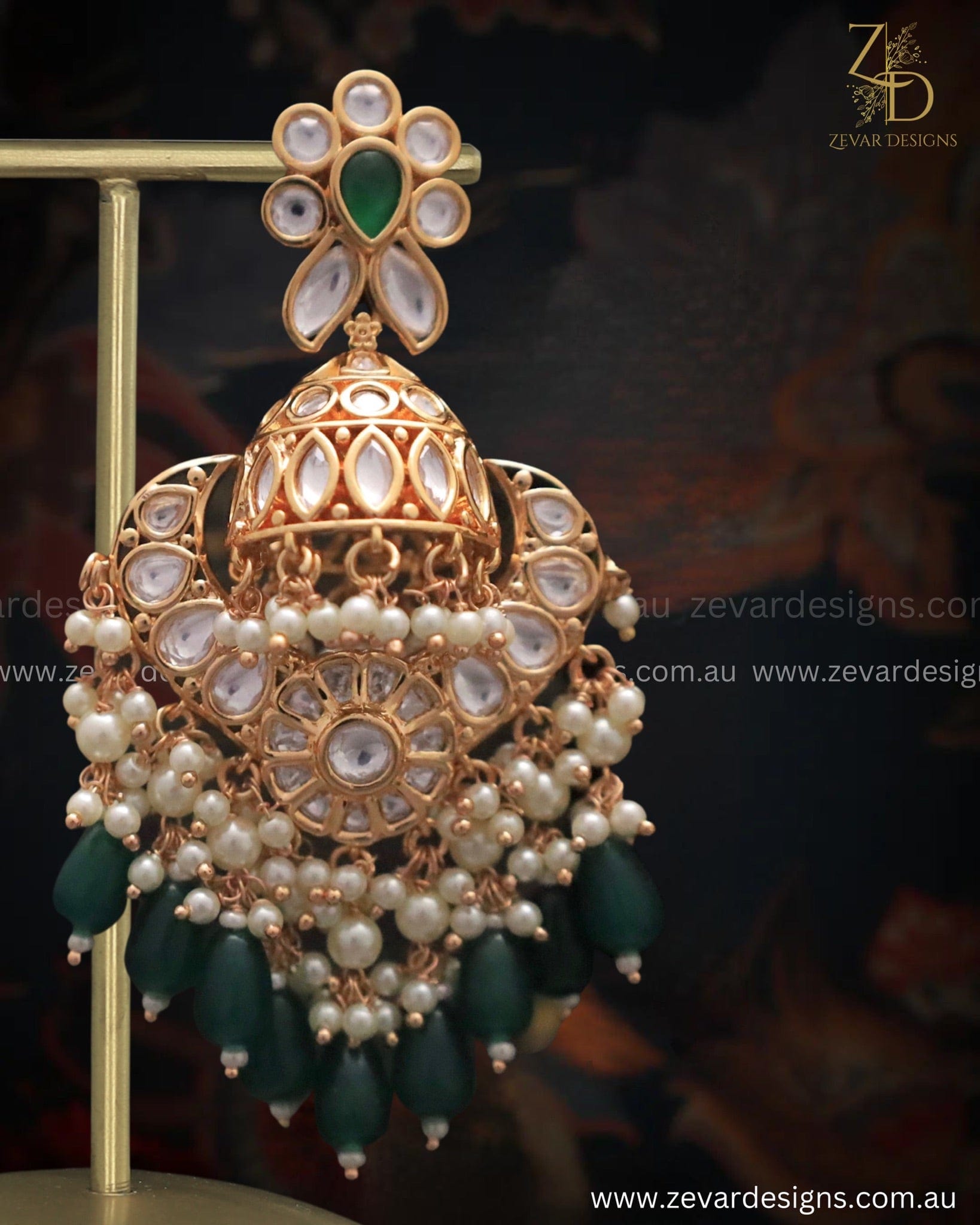 Zevar Designs Designer Earrings Heritage Inspired Jhumki & Chandbali Earrings - Emerald green