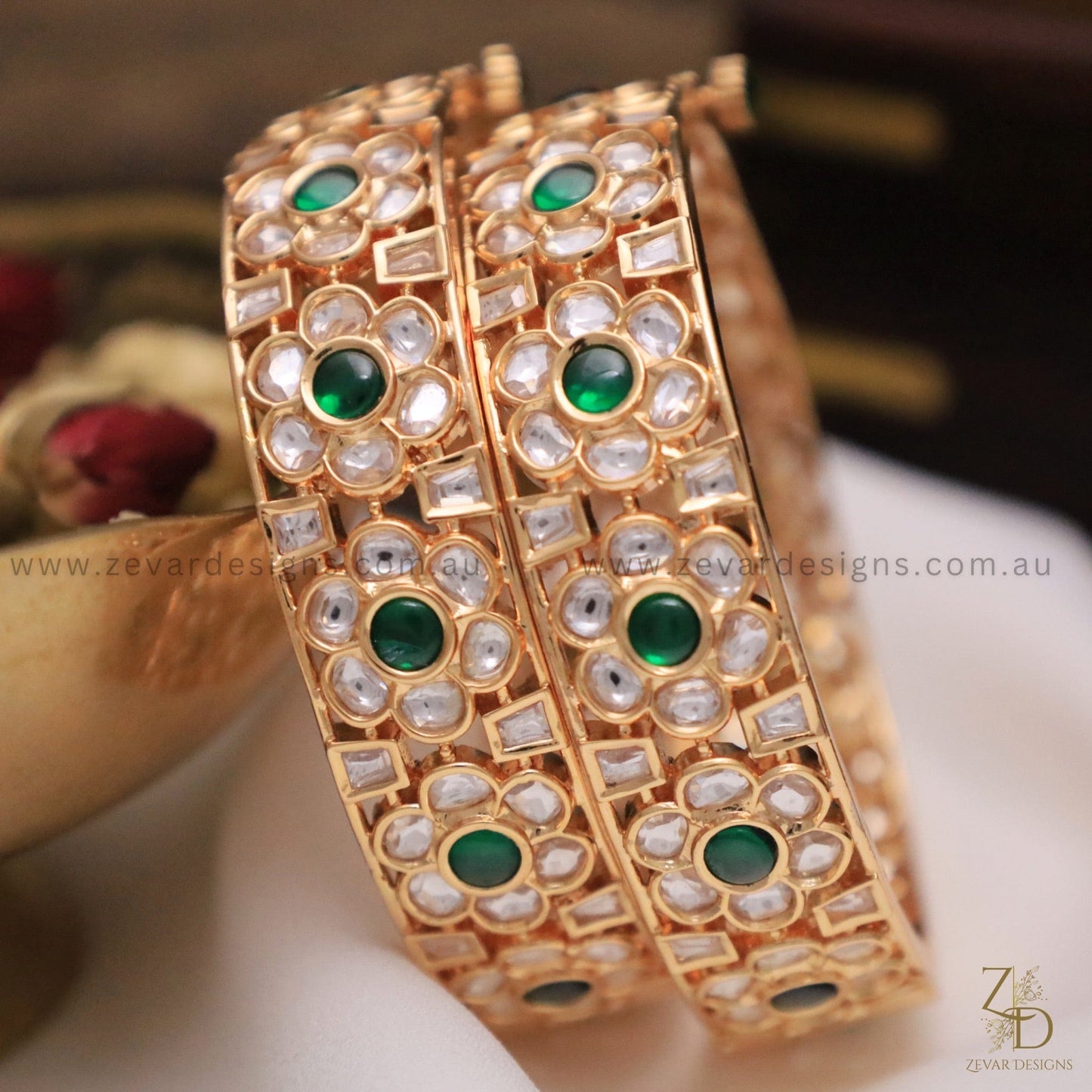 Zevar Designs Kundan Bangles Kundan Polki Bangles - Emerald Green