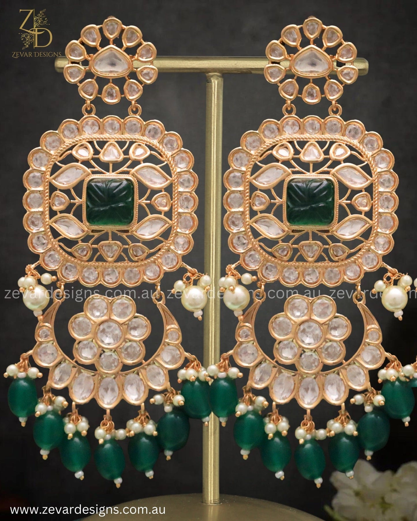 Zevar Designs Designer Earrings Kundan Polki Chandbali Earrings - Emerald Green