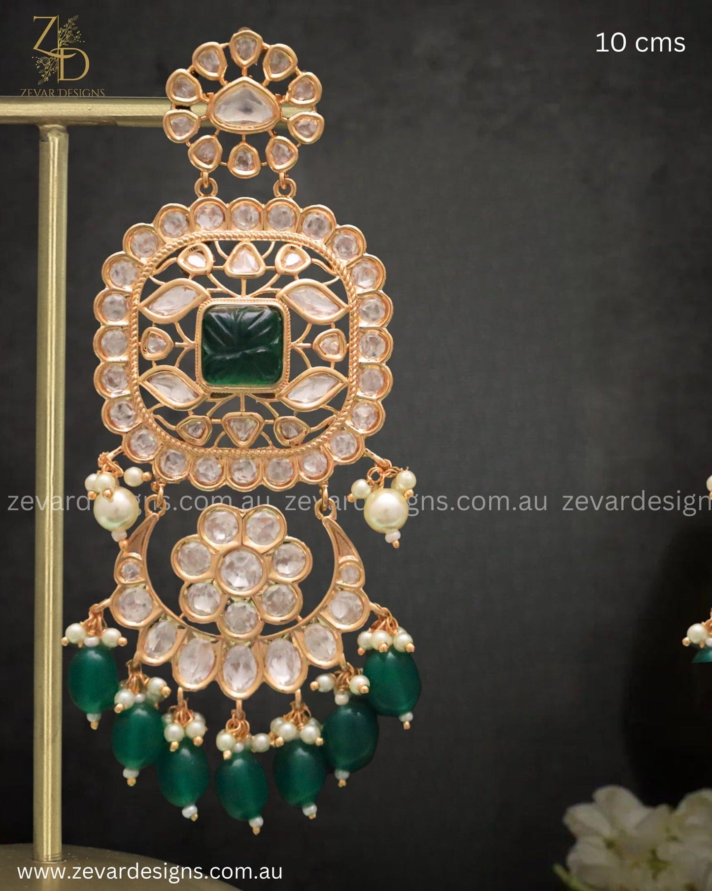 Zevar Designs Designer Earrings Kundan Polki Chandbali Earrings - Emerald Green