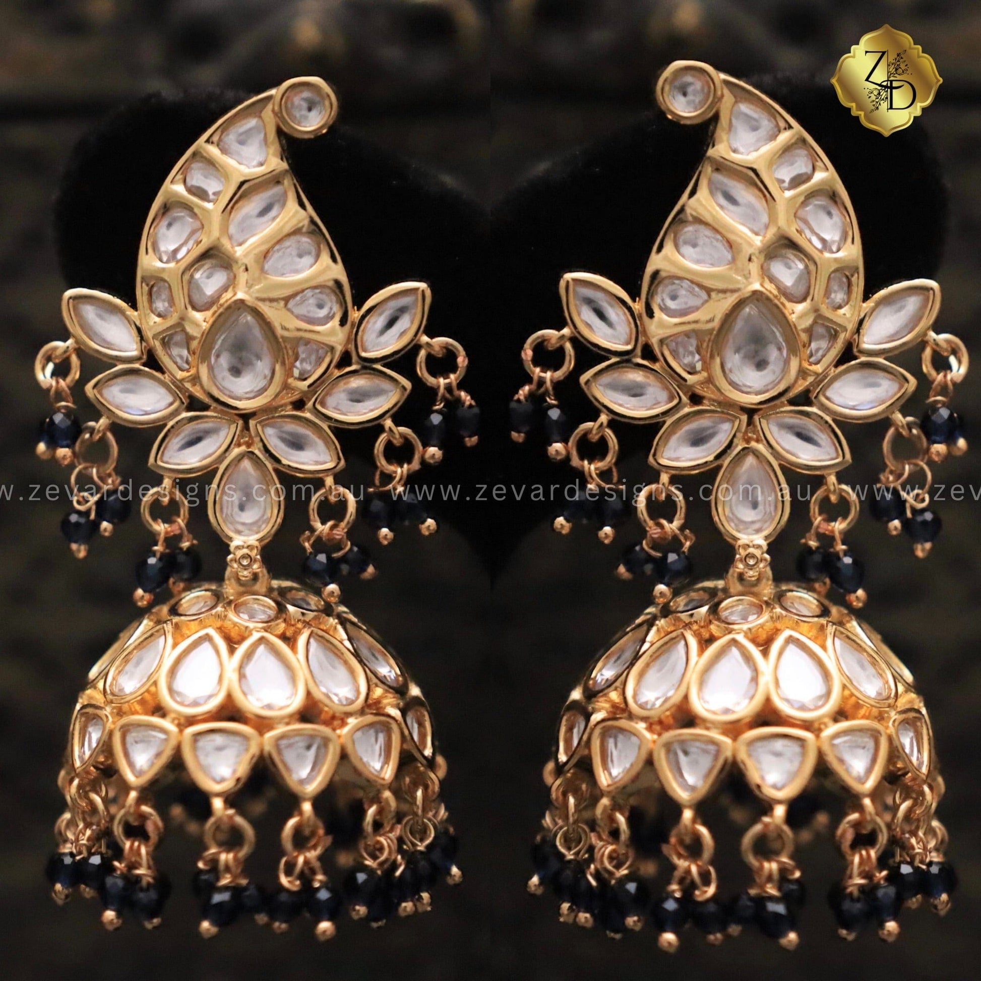 Zevar Designs Kundan Earrings Kundan Polki Jhumki - Navy Blue