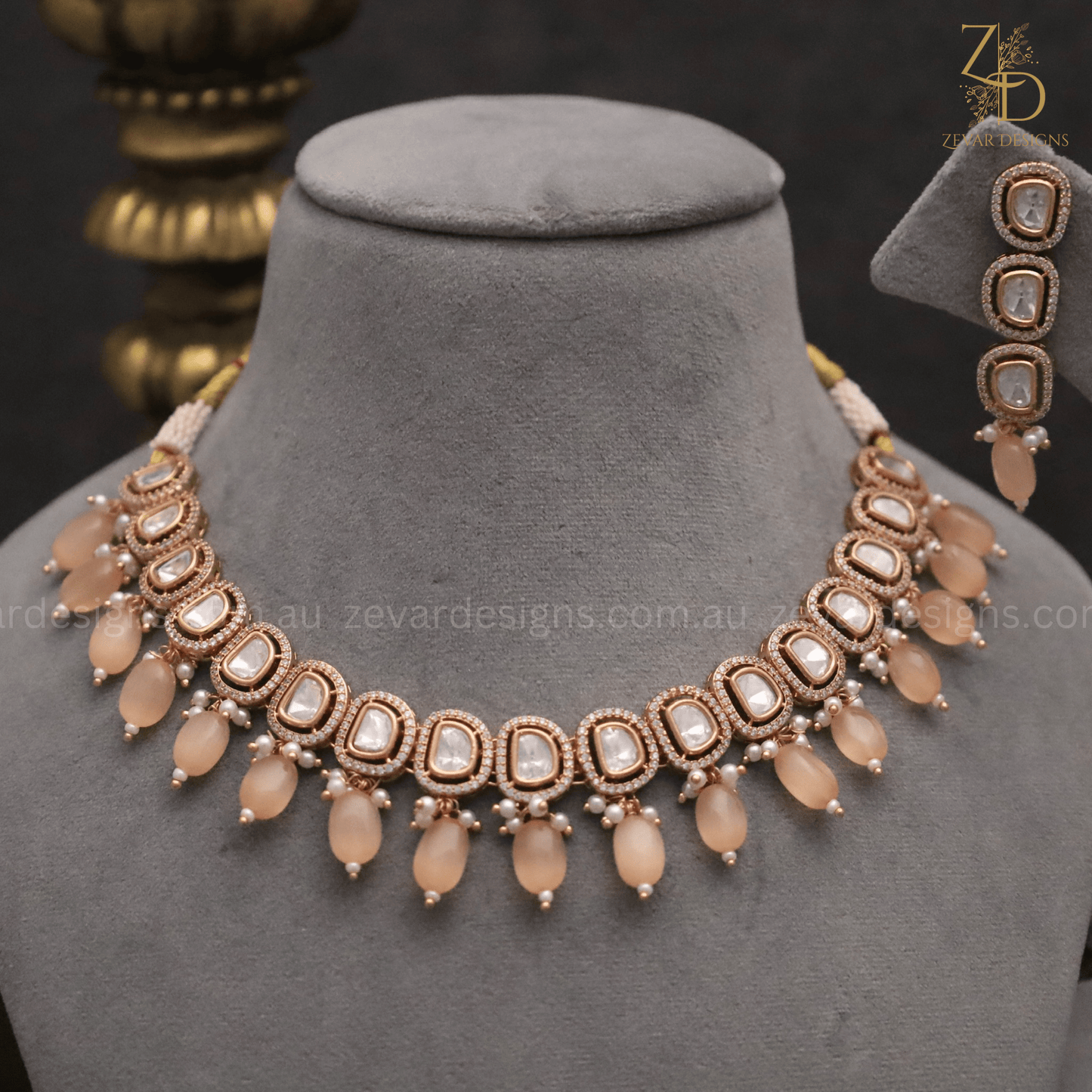 Zevar Designs Necklace Sets Lightweight Stylish Uncut Polki AD Necklace Set - Peach