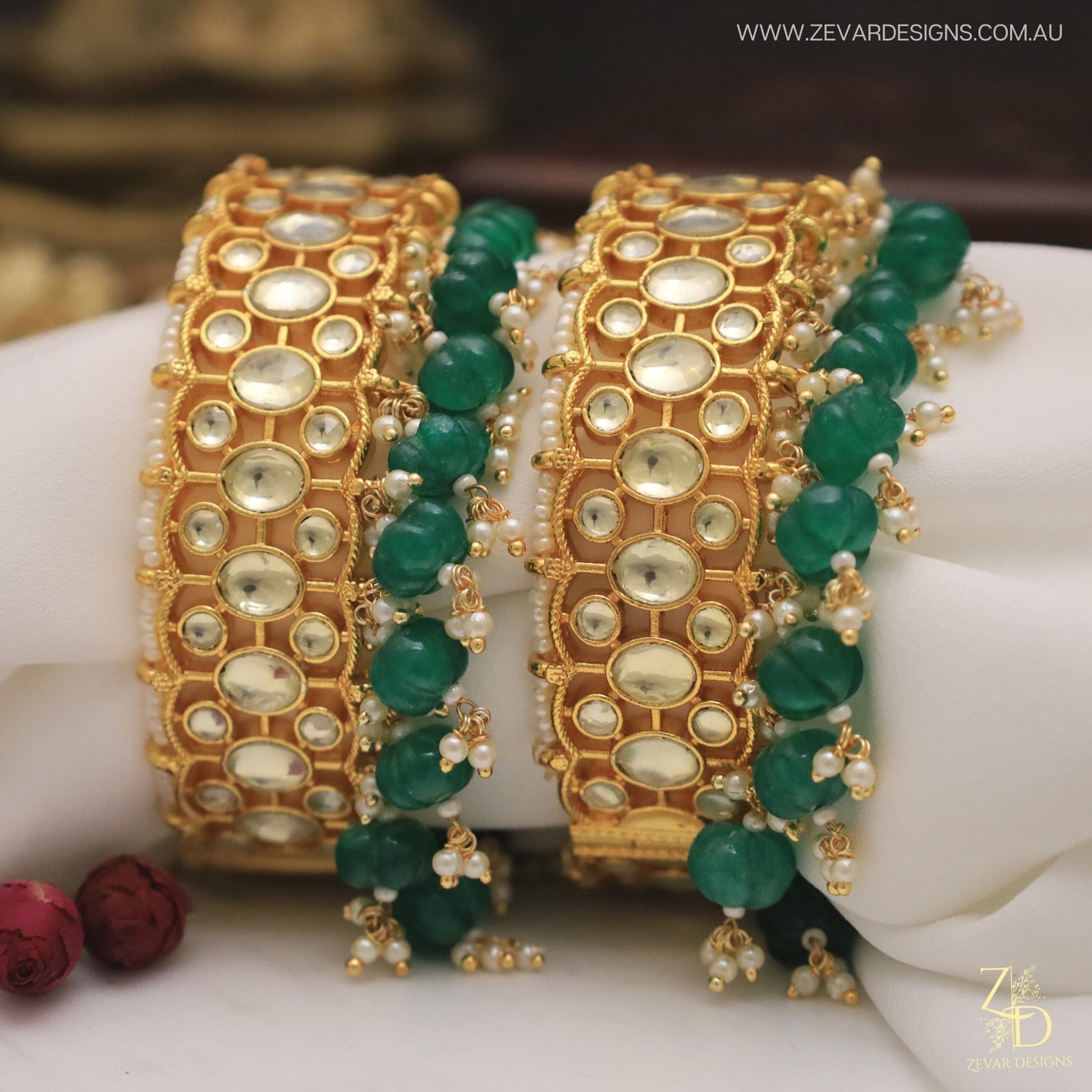 Zevar Designs Kundan Bangles Pachi Kundan Bangles - Emerald Green