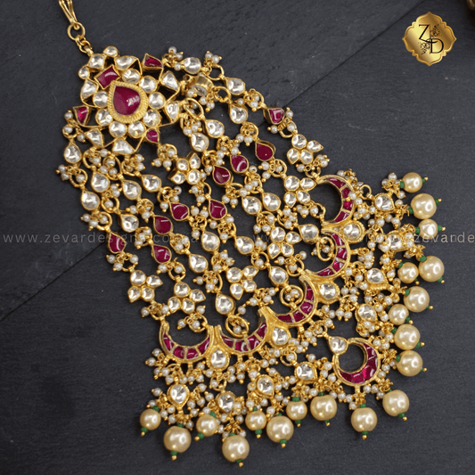 Zevar Designs Tikka and Jhoomer Pachi Kundan Jhoomar/Passa - Ruby Red & Pearls