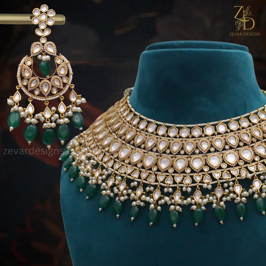 Zevar Designs Designer Necklace Sets Polki & AD Necklace set with Emerald green drops - Mehndi Finish