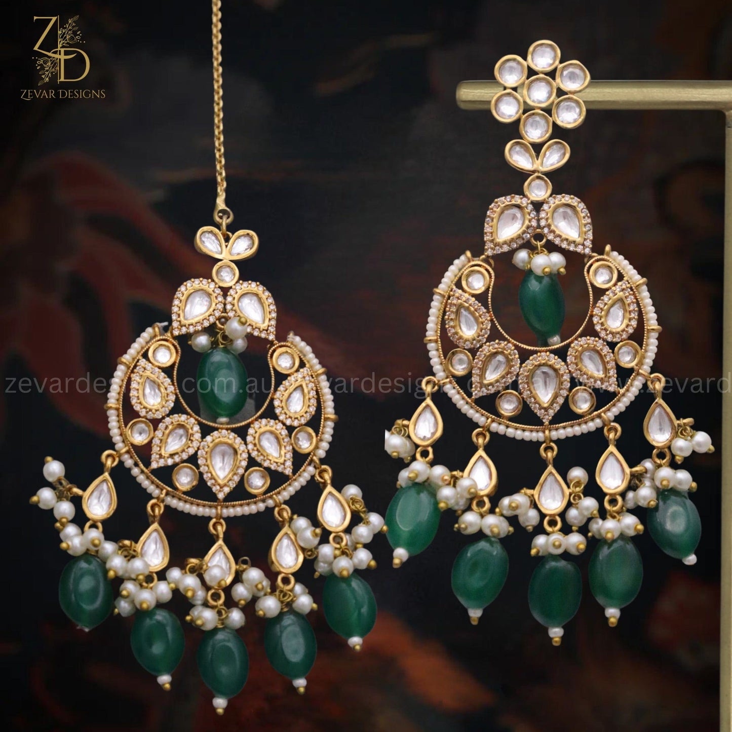 Zevar Designs Designer Necklace Sets Polki & AD Necklace set with Emerald green drops - Mehndi Finish