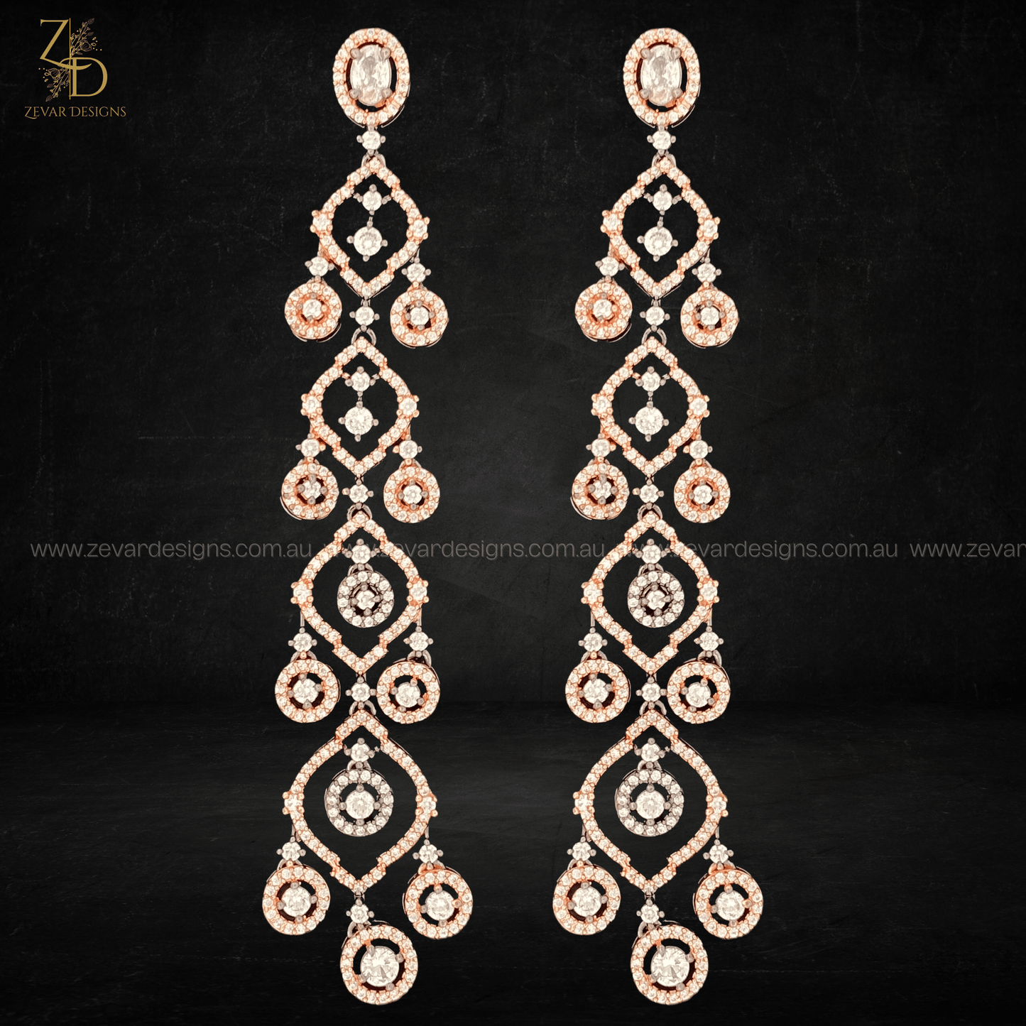 Zevar Designs Indo-Western Earrings Rose Gold/Black Finish AD Earrings