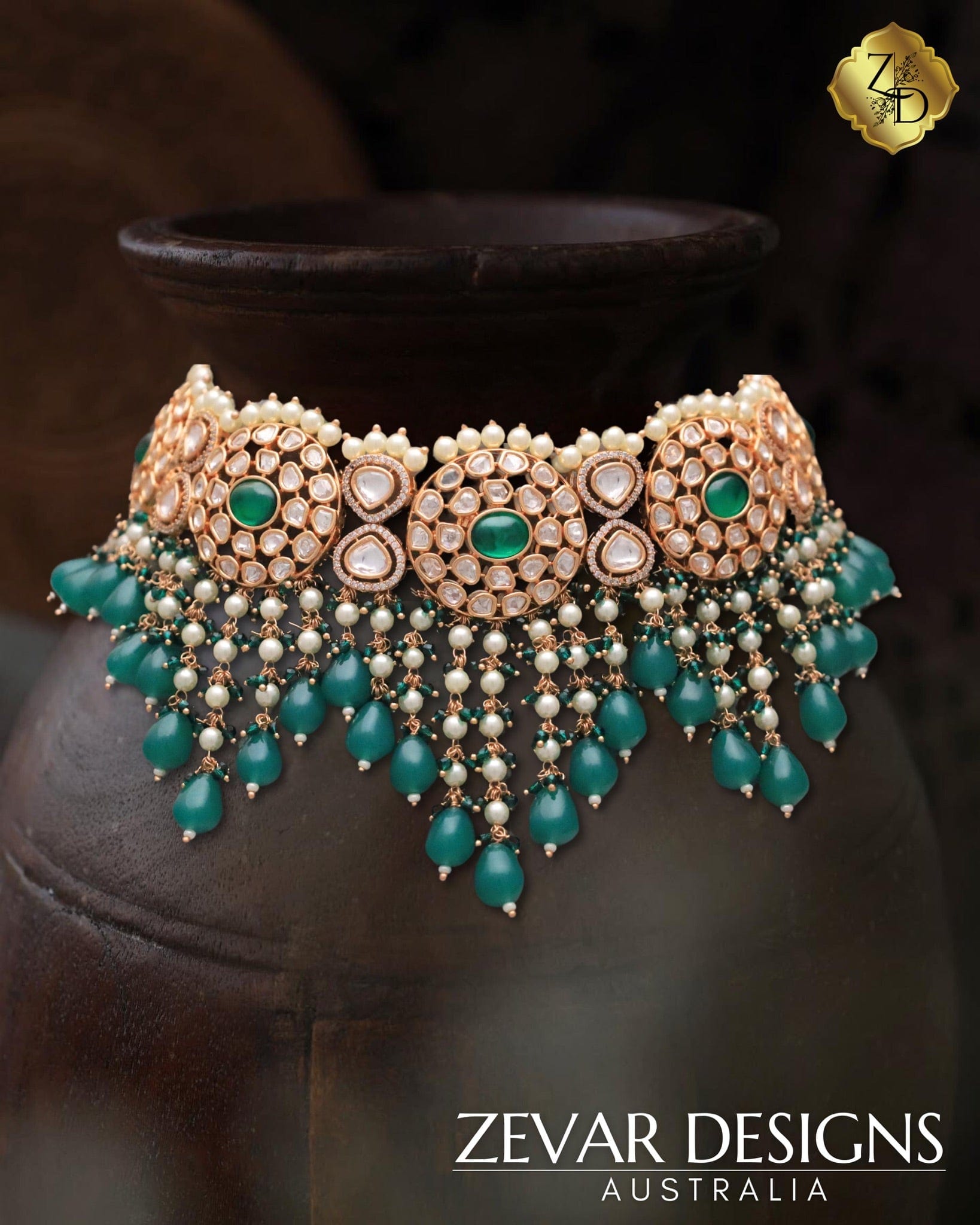 Zevar Designs Designer Necklace Sets ‘TYAANI’ inspired Polki Choker Set - Emerald Green