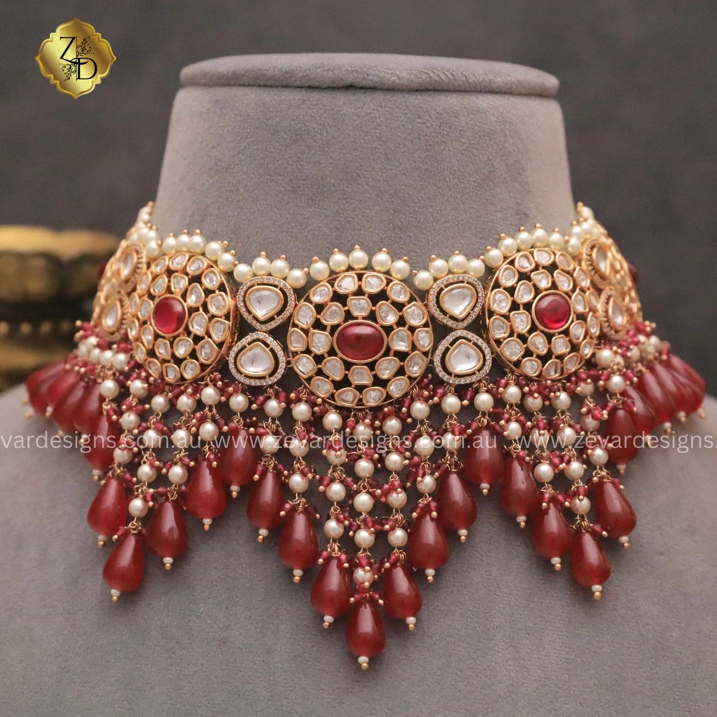 Zevar Designs Designer Necklace Sets ‘TYAANI’ inspired Polki Choker Set - Ruby Red