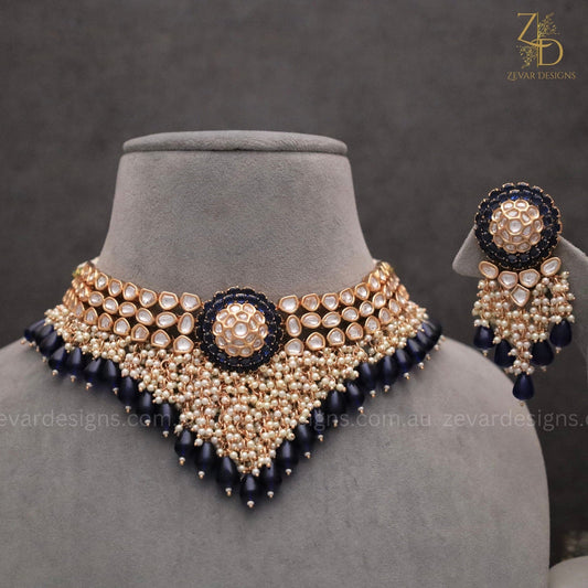 Zevar Designs Designer Necklace Sets TYAANI inspired Polki Choker Set -Sapphire Blue