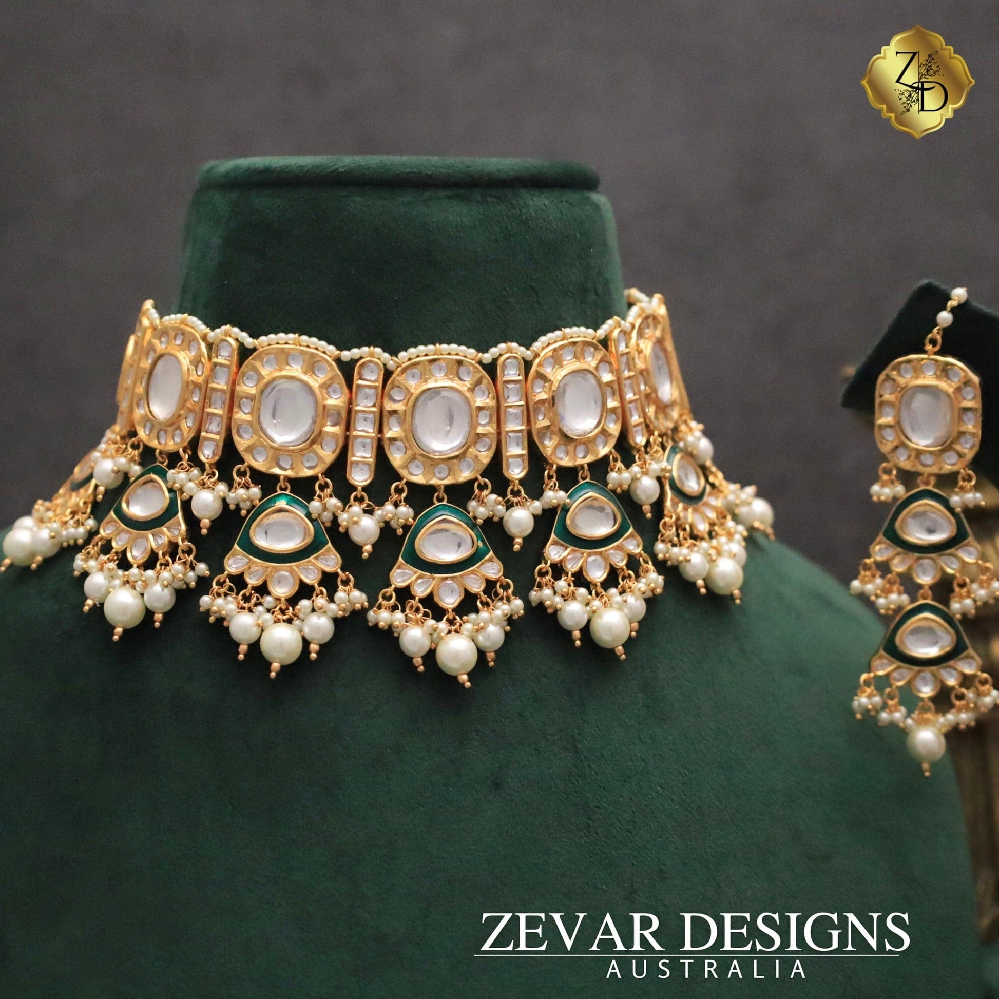 Zevar Designs Designer Necklace Sets Uncut Polki Choker Set with Tikka - Pearls