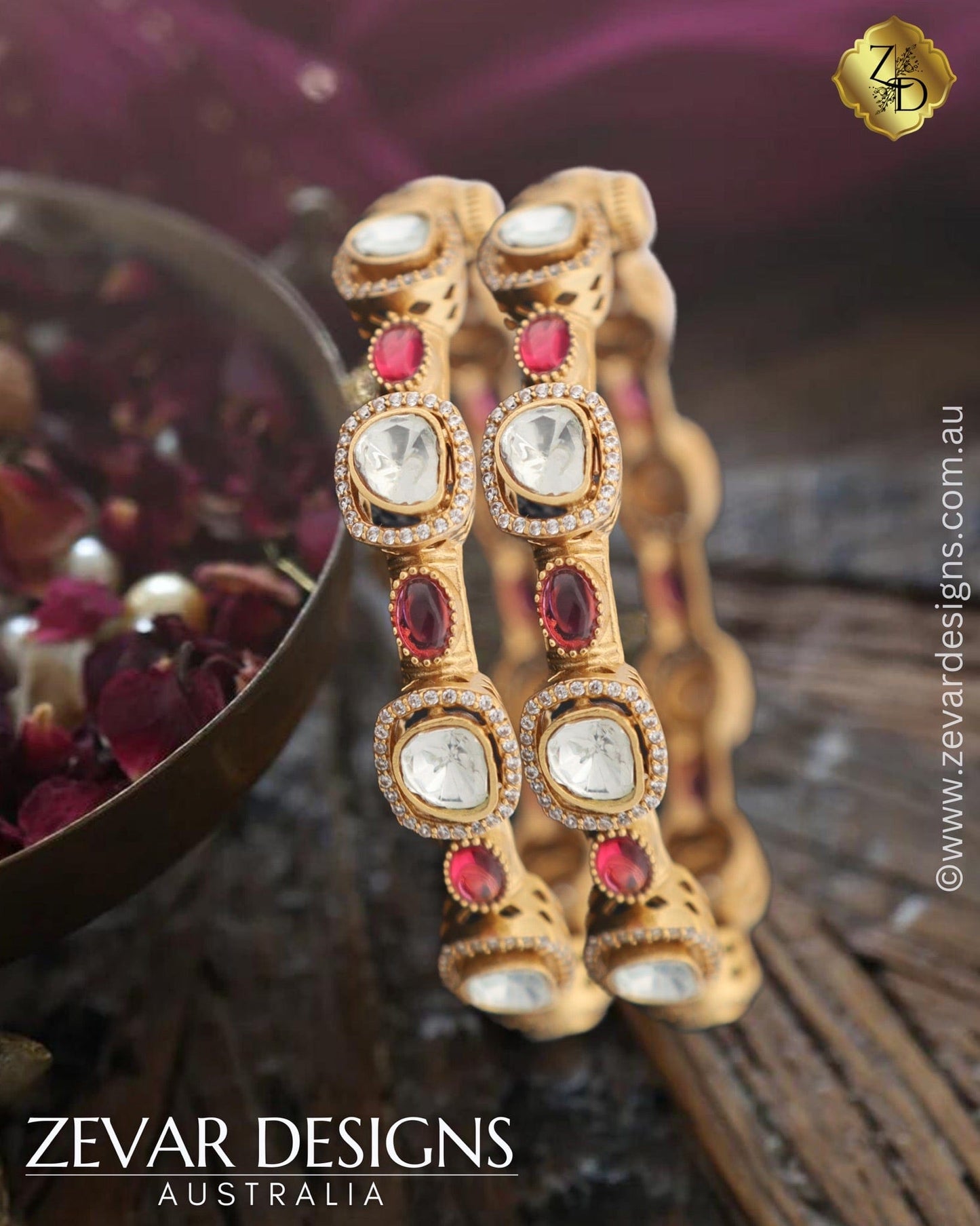 Zevar Designs Kundan Bangles Victorian Style Polki AD Bangles - Ruby