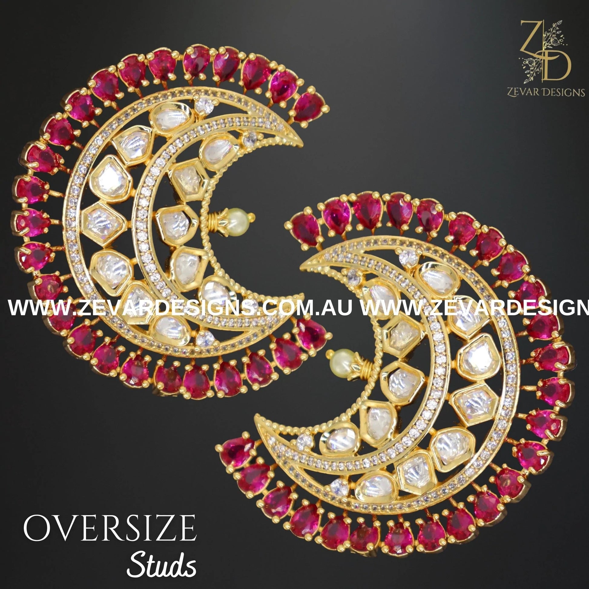 Zevar Designs Kundan Studs AD and Kundan Polki Oversize Studs - Red