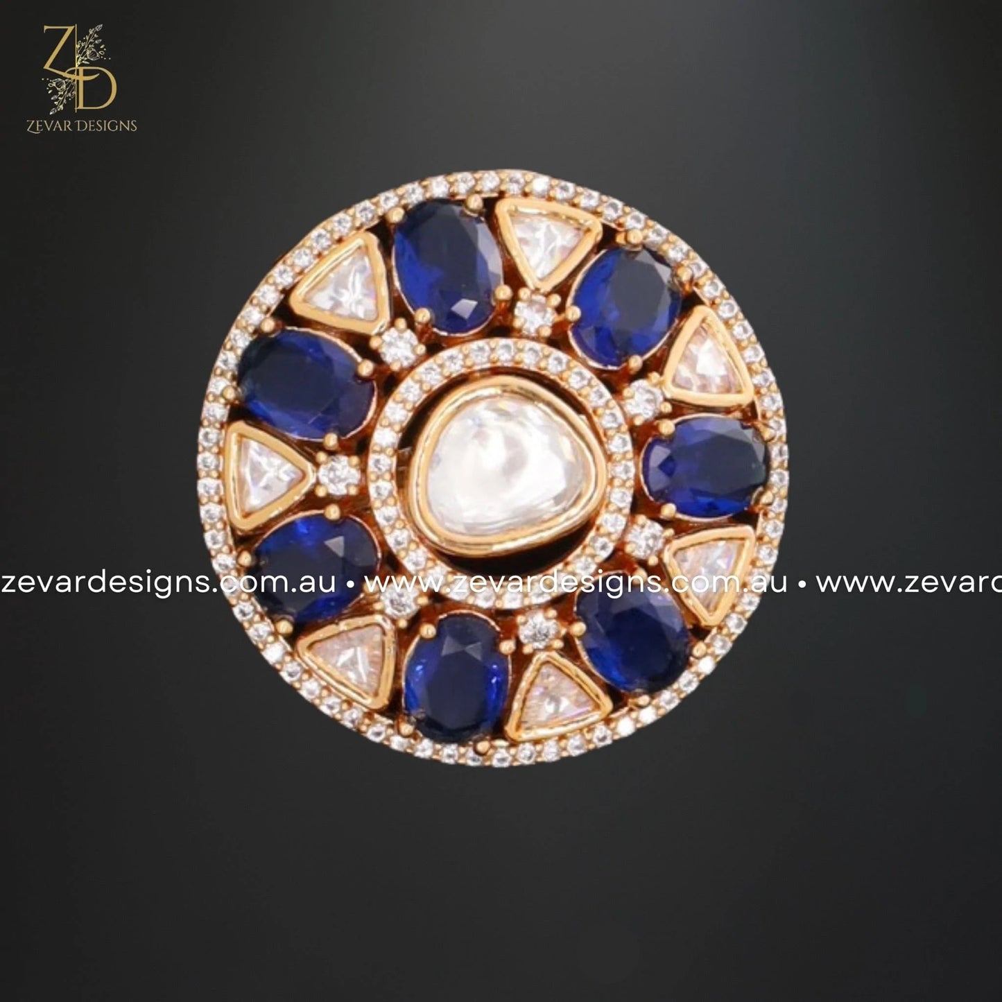 Zevar Designs Rings AD and Kundan Polki Ring - Blue