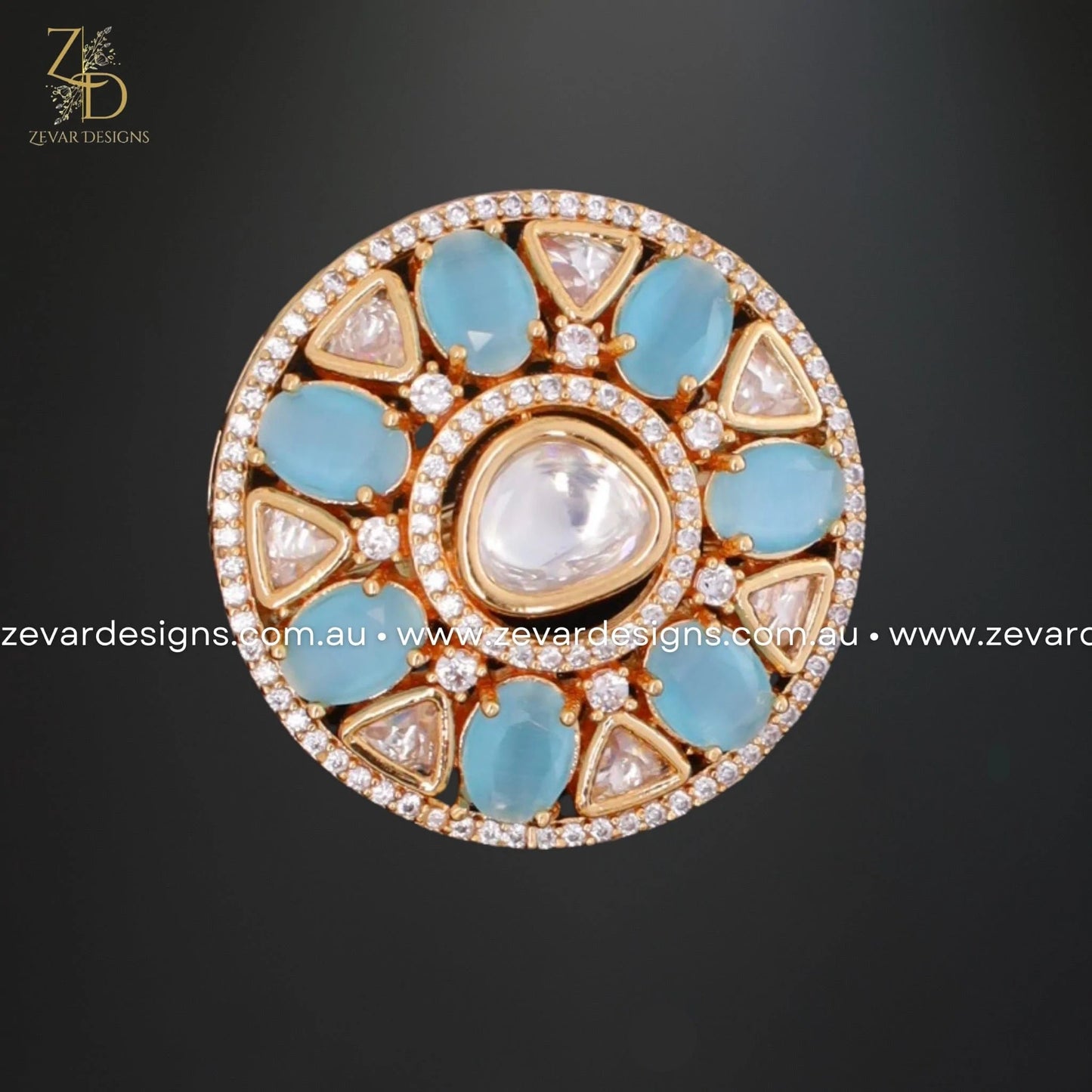 Zevar Designs Rings AD and Kundan Polki Ring - Powder Blue