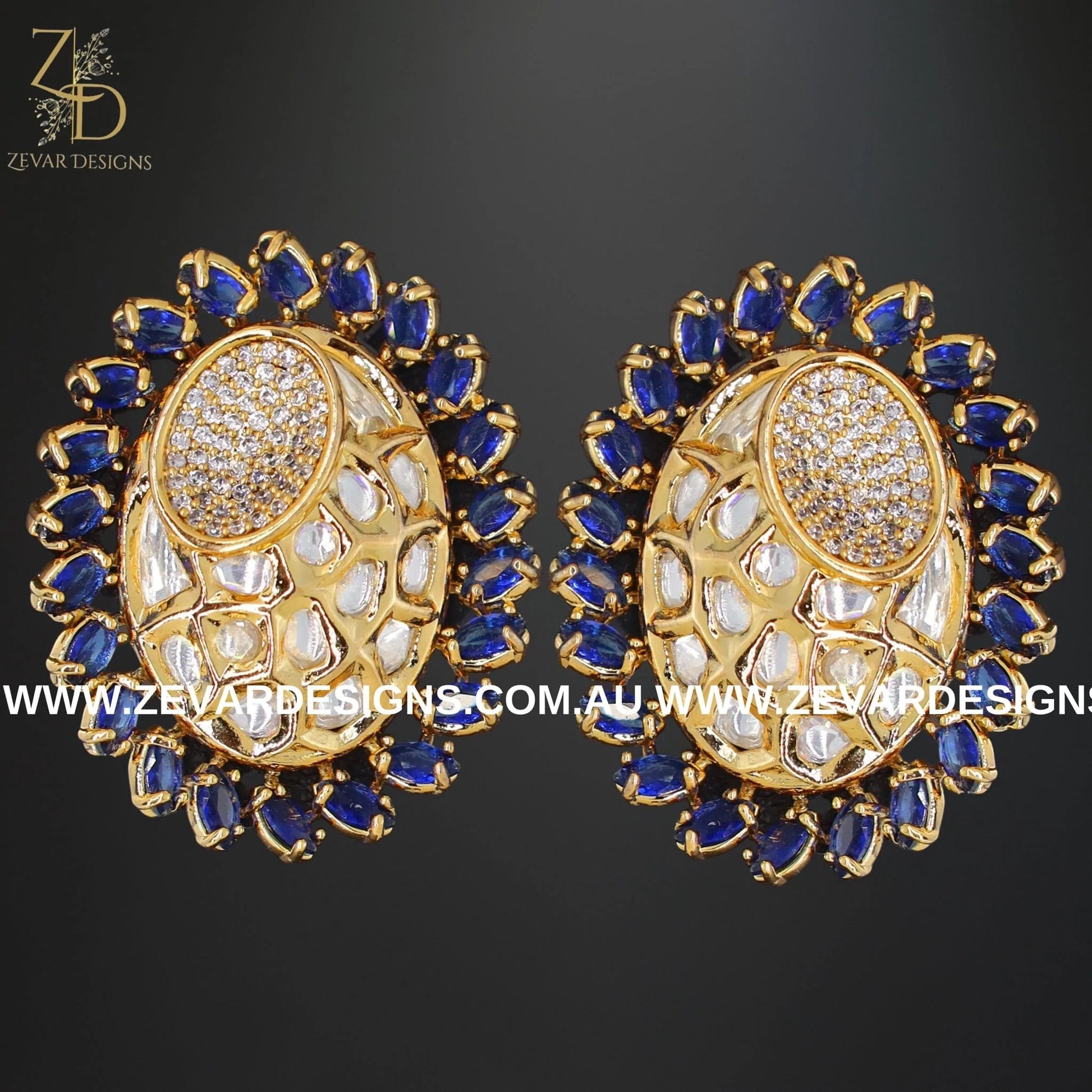 Zevar Designs Kundan Studs AD and Kundan Polki Studs - Sapphire Blue