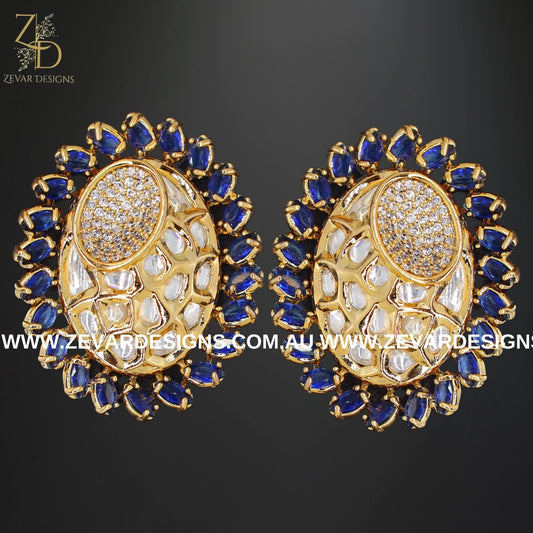 Zevar Designs Kundan Studs AD and Kundan Polki Studs - Sapphire Blue