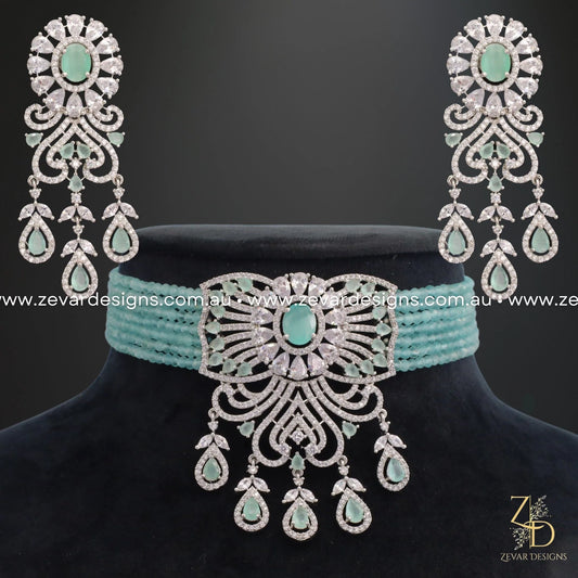 Zevar Designs Necklace Sets - AD AD/Zircon Choker in Mint and White Rhodium