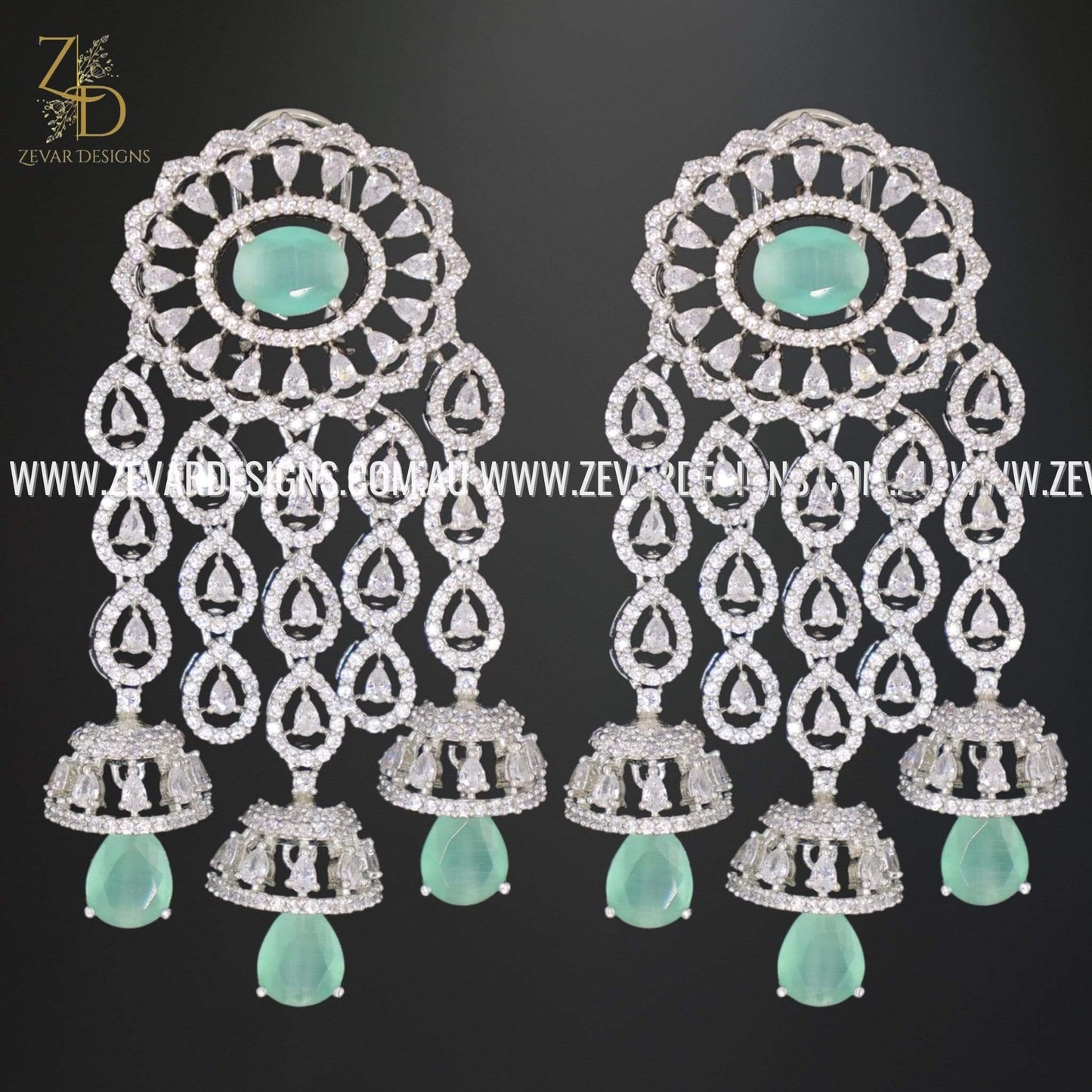 Zevar Designs Indo-Western Earrings AD/Zircon Earrings - Mint