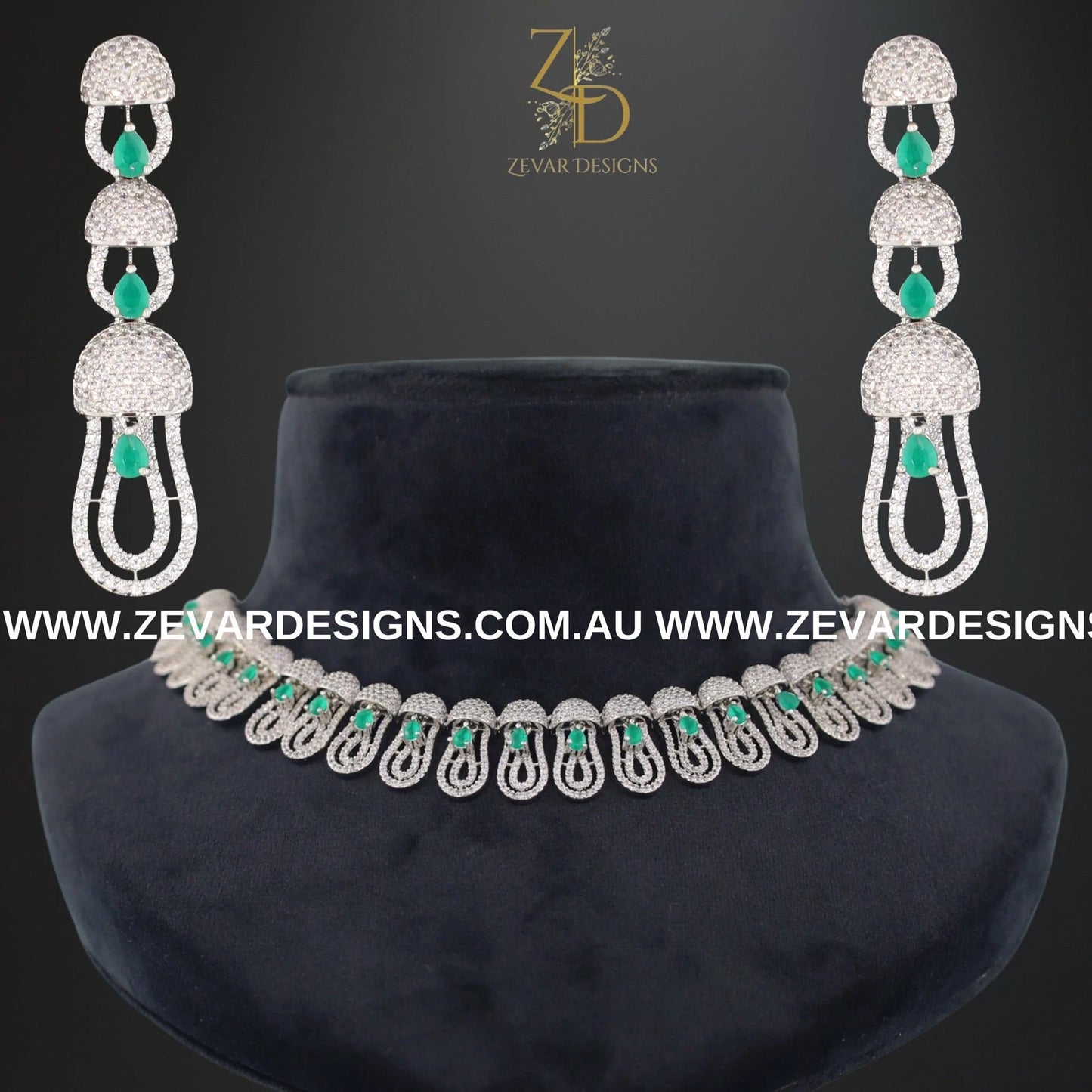 Zevar Designs Necklace Sets - AD AD/Zircon Necklace Set - White Rhodium and Emerald