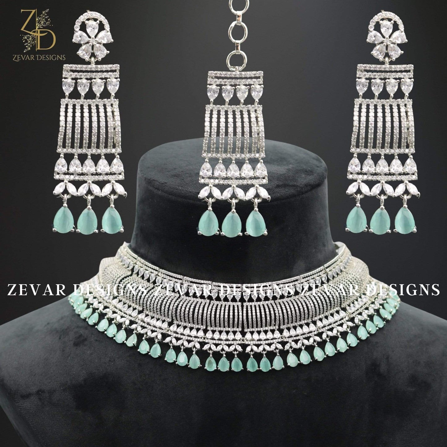 Zevar Designs Zircon Necklace Zircon Necklace Set with Tikka - Mint