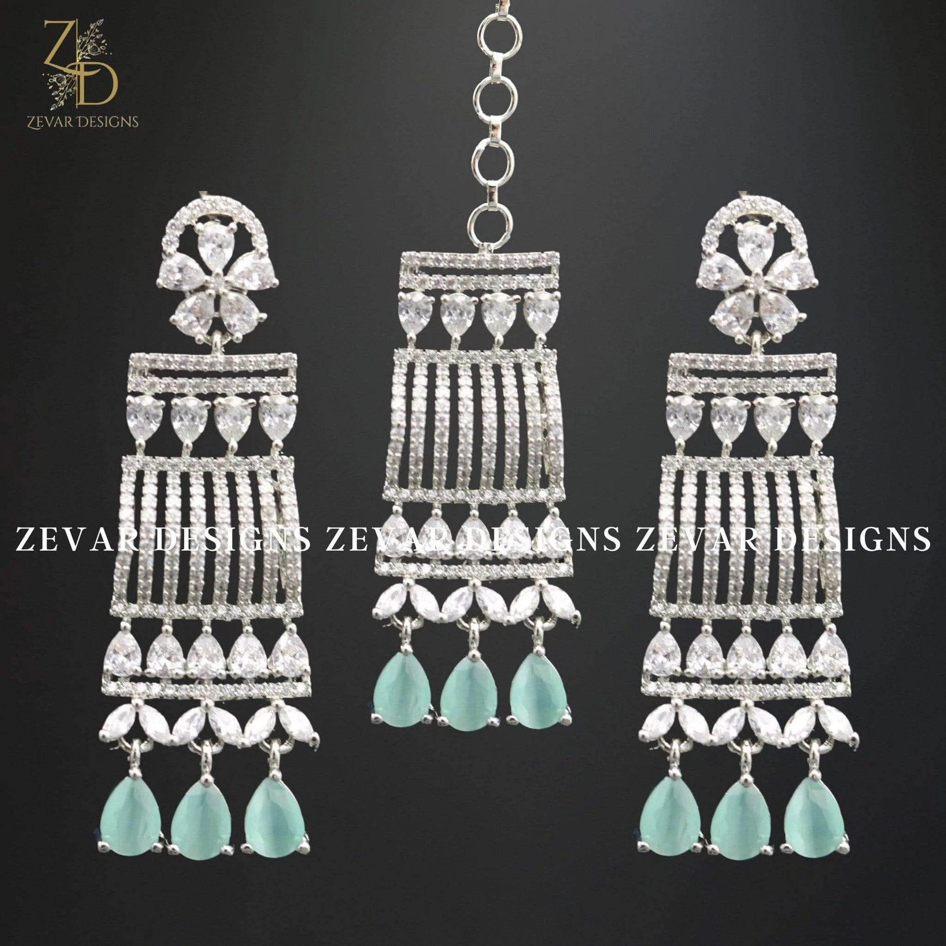 Zevar Designs Zircon Necklace Zircon Necklace Set with Tikka - Mint