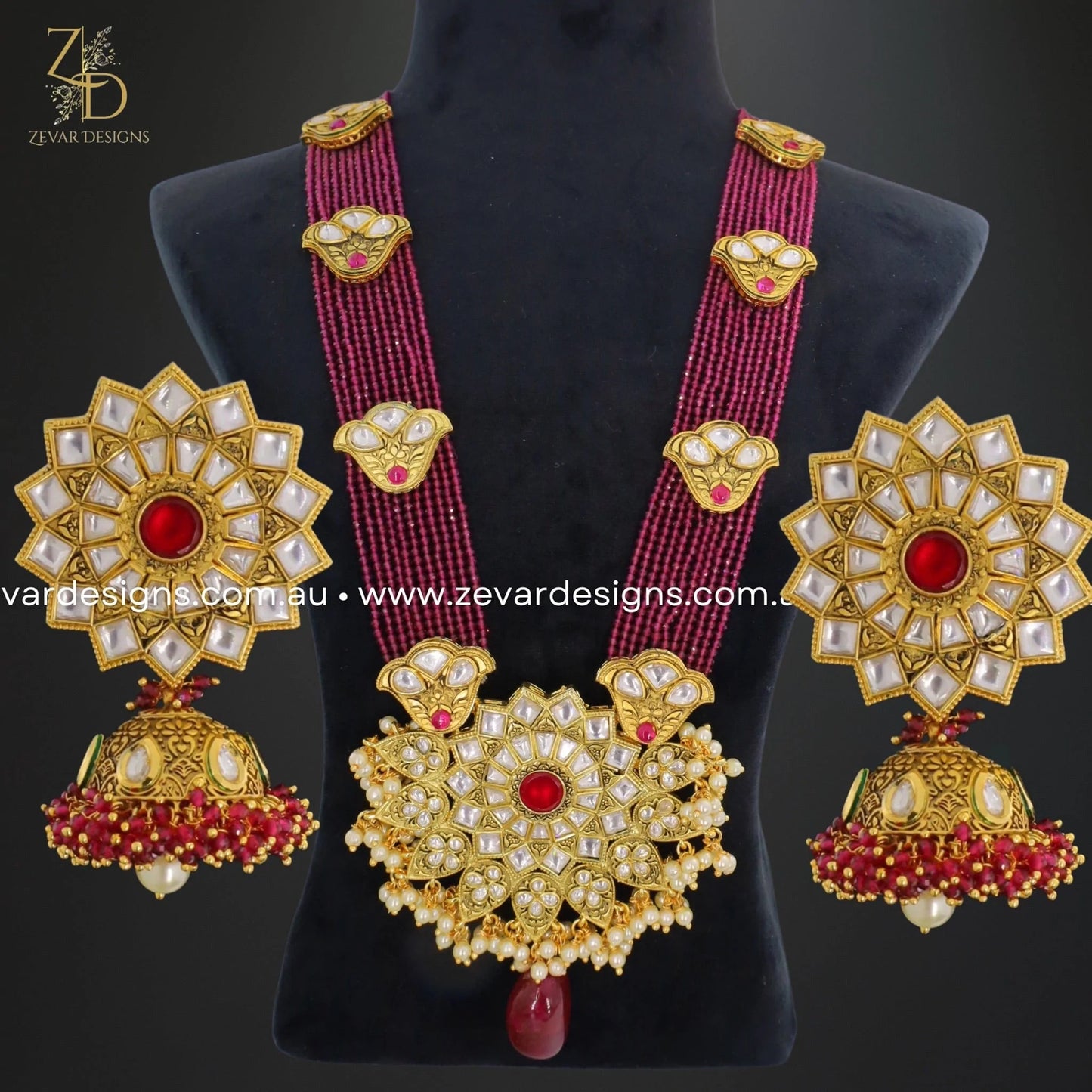 Zevar Designs Long Necklace Sets Antique Kundan Long Set - Ruby Red