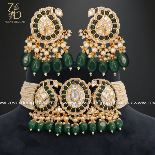 Zevar Designs Necklace Sets Choker Set Kundan Polki with Emerald Green Drops