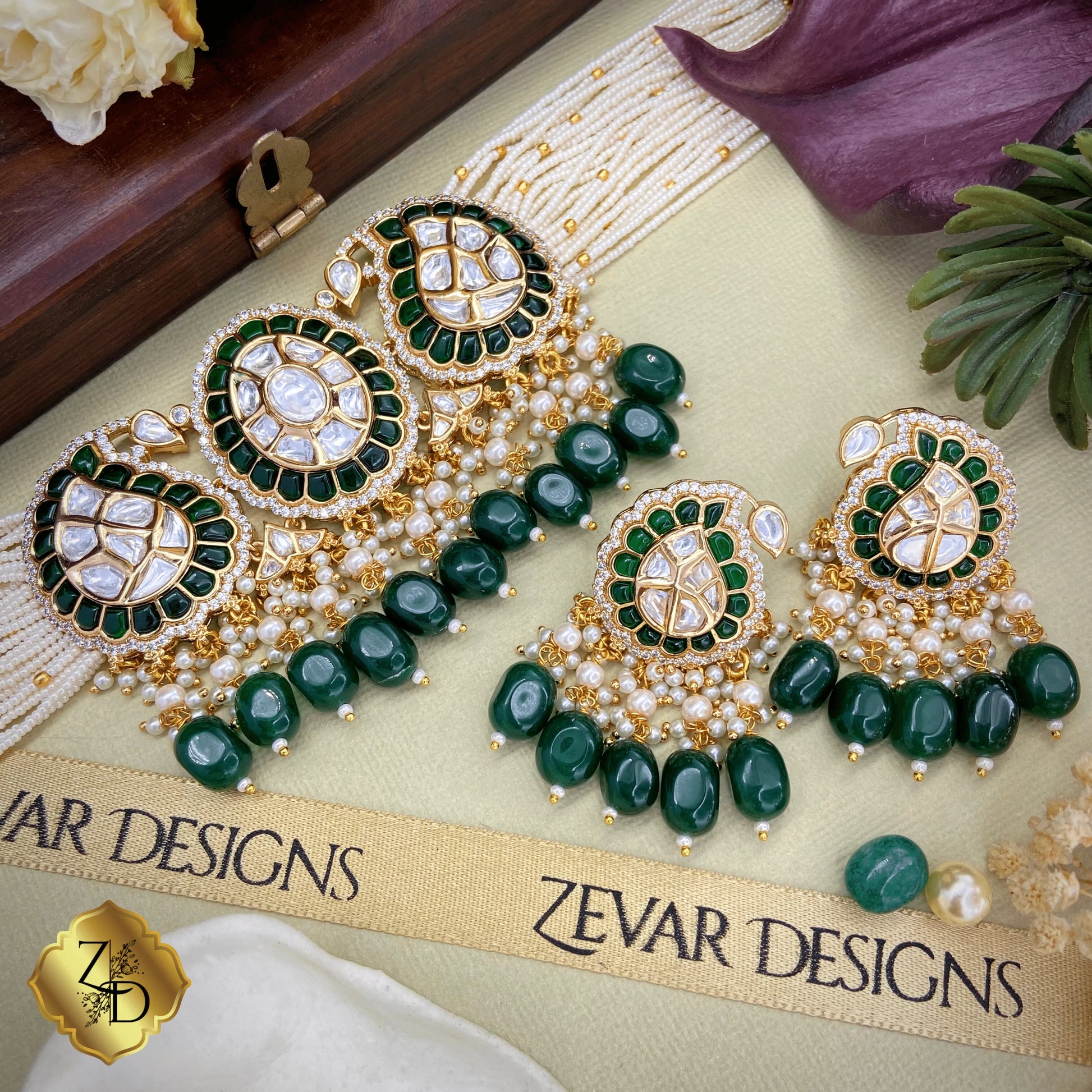 Zevar Designs Necklace Sets Choker Set Kundan Polki with Emerald Green Drops