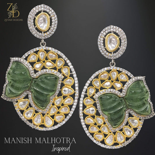 Zevar Designs Kundan Earrings Designer AD and Kundan Polki Earrings with Carved stone - Green