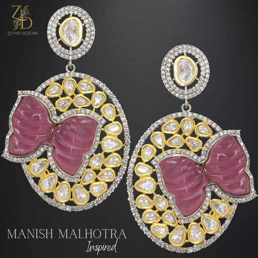 Zevar Designs Kundan Earrings Designer AD and Kundan Polki Earrings with Carved stone - Pink