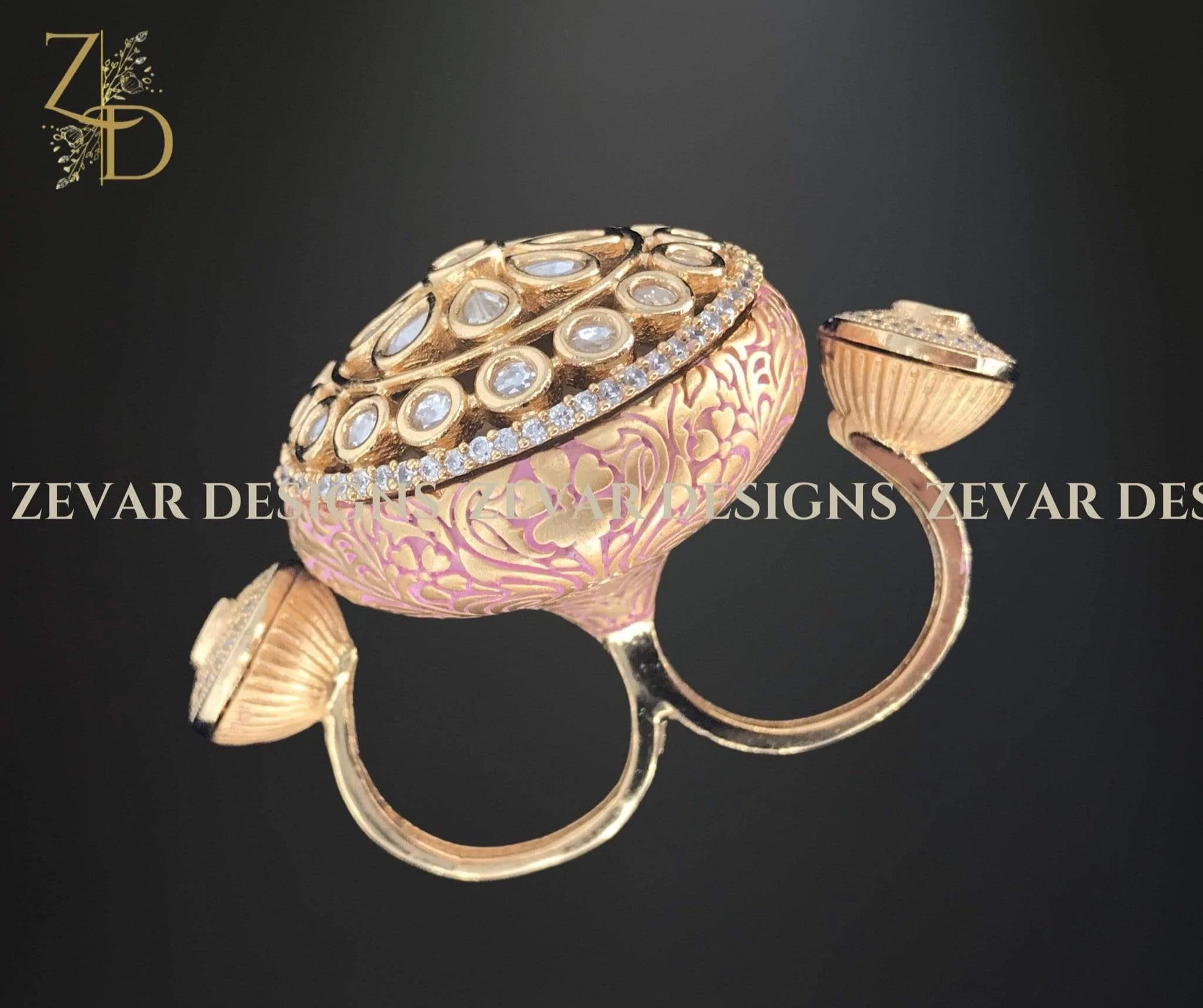 Zevar Designs Kundan Rings Designer Kundan Meena Double Ring - Pink