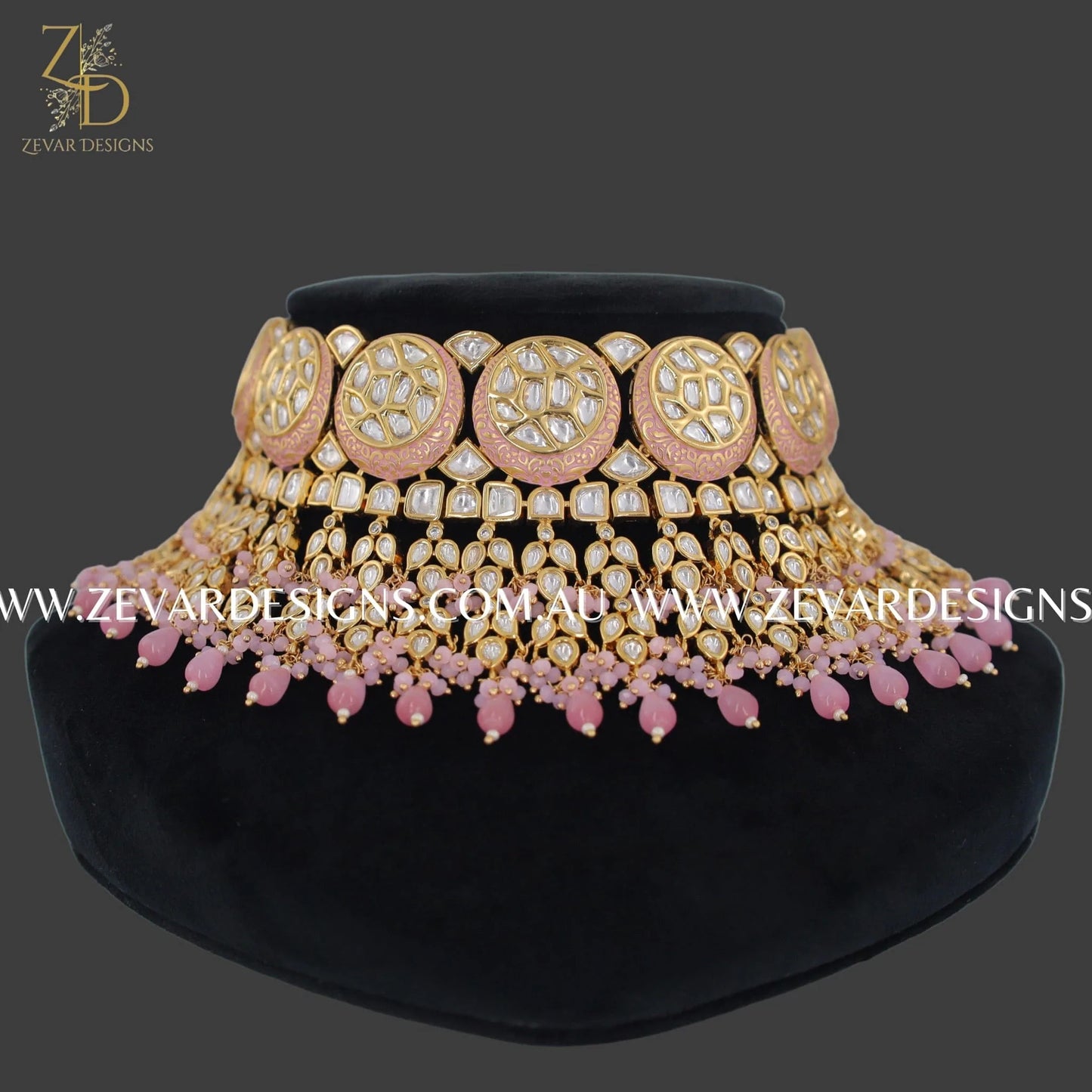 Zevar Designs Designer Necklace Sets Designer Kundan Polki Necklace Set - Gold and Pink