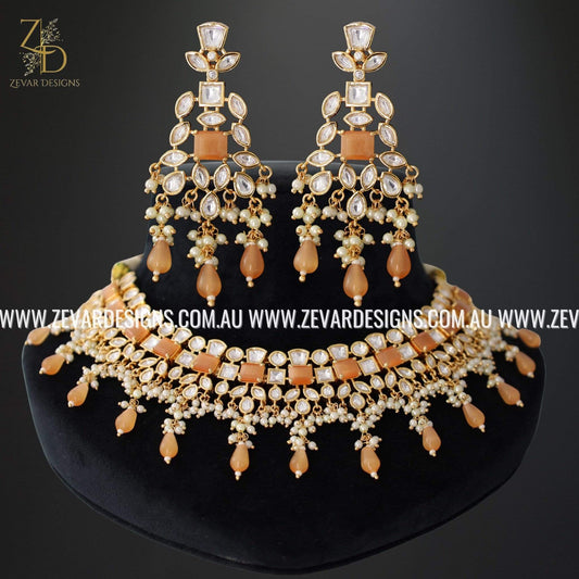 Zevar Designs Necklace Sets Designer Kundan Polki Necklace Set - Peach