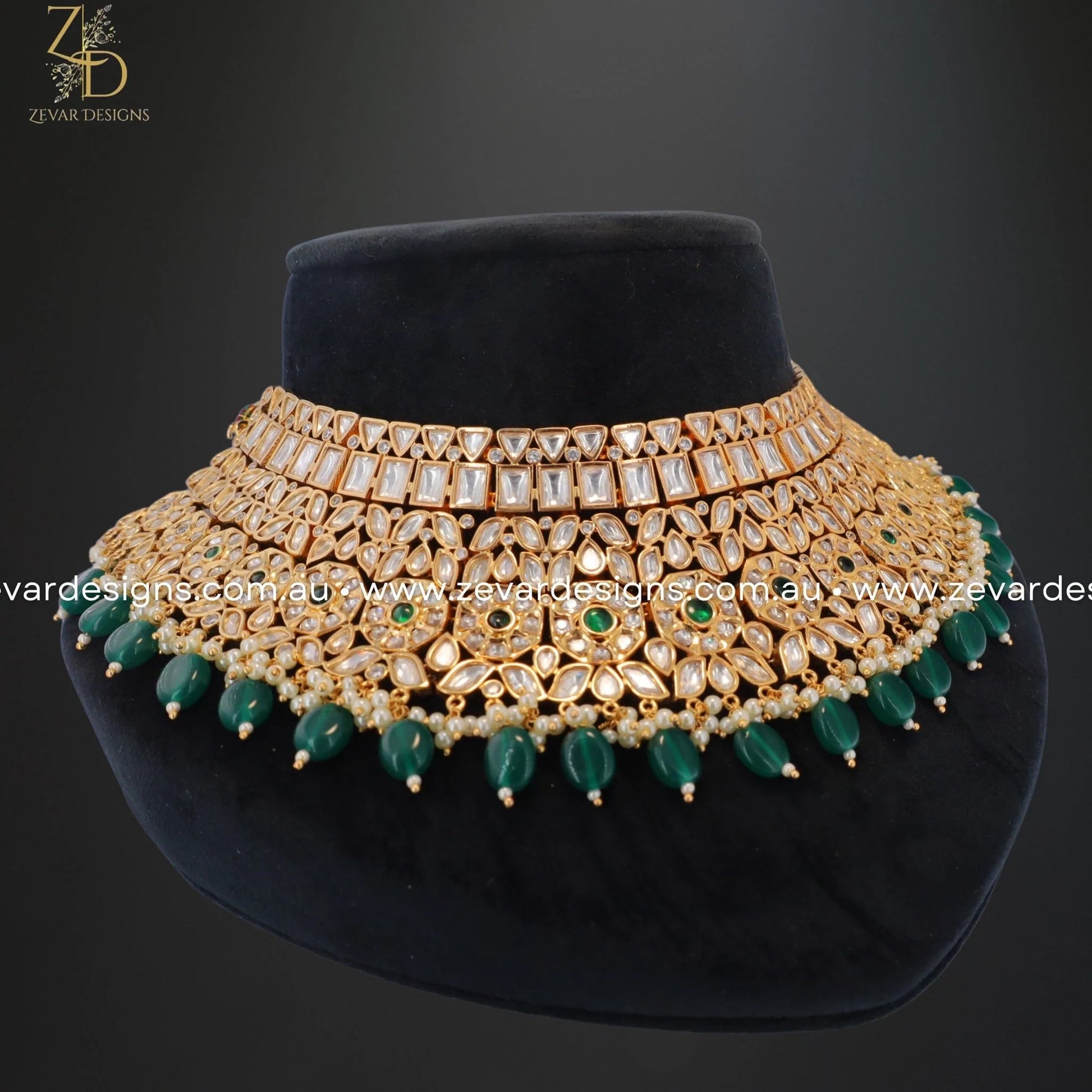 Zevar Designs Designer Necklace Sets Designer Kundan Polki Necklace Set with Tikka - Green