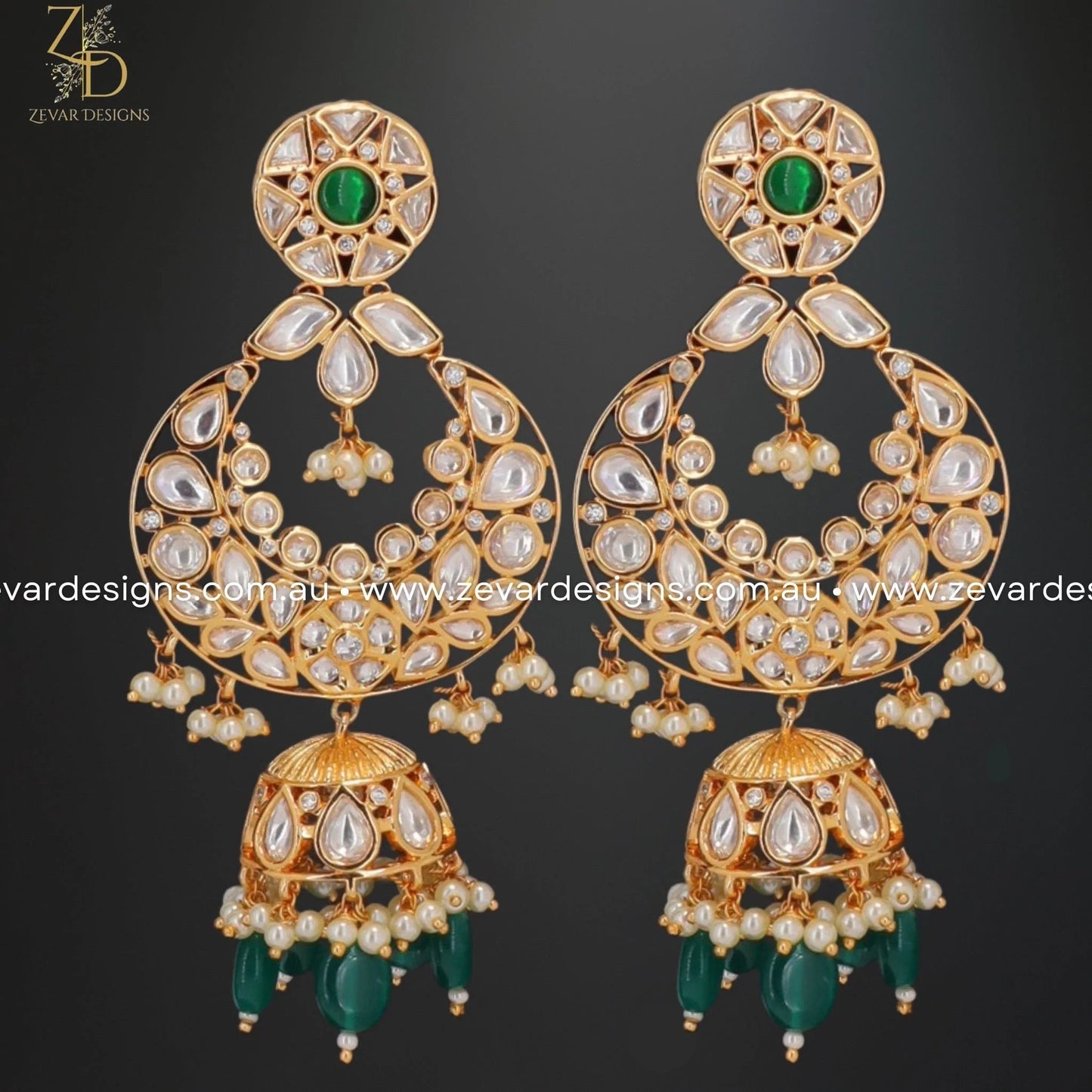 Zevar Designs Designer Necklace Sets Designer Kundan Polki Necklace Set with Tikka - Green