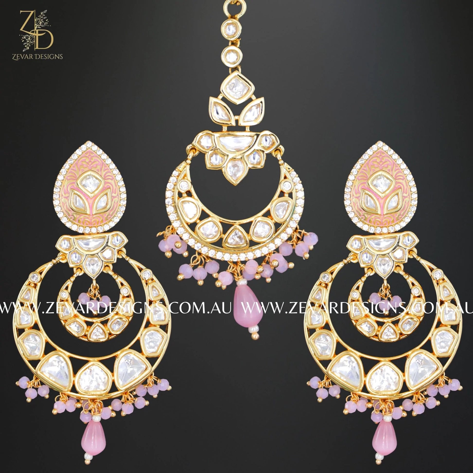 Zevar Designs Designer Necklace Sets Designer Kundan Polki Necklace Set with Tikka - Pink